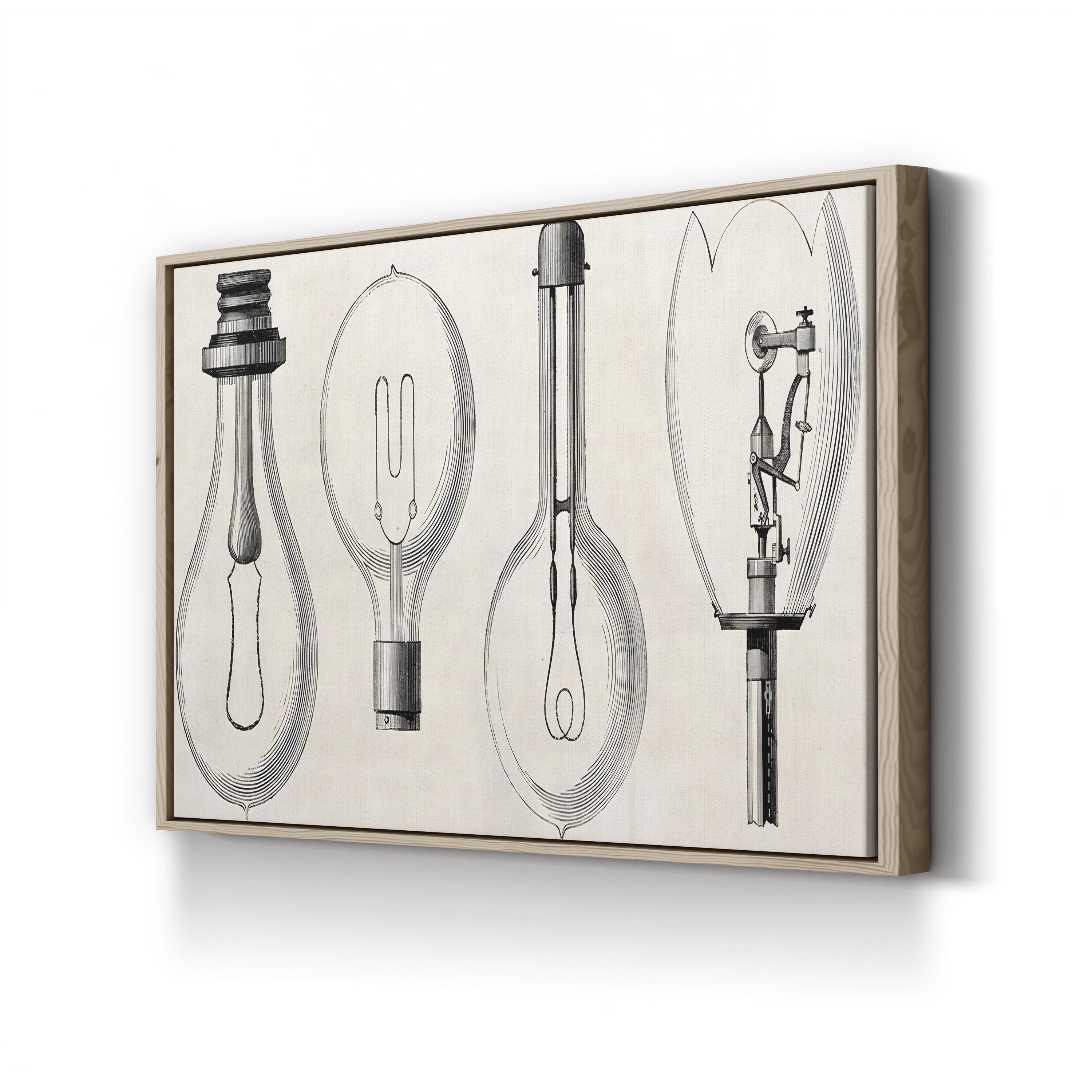 Four Electric Lamps Patent by Edison, Maxim, Swan, and Werdermann canvas print in black frame