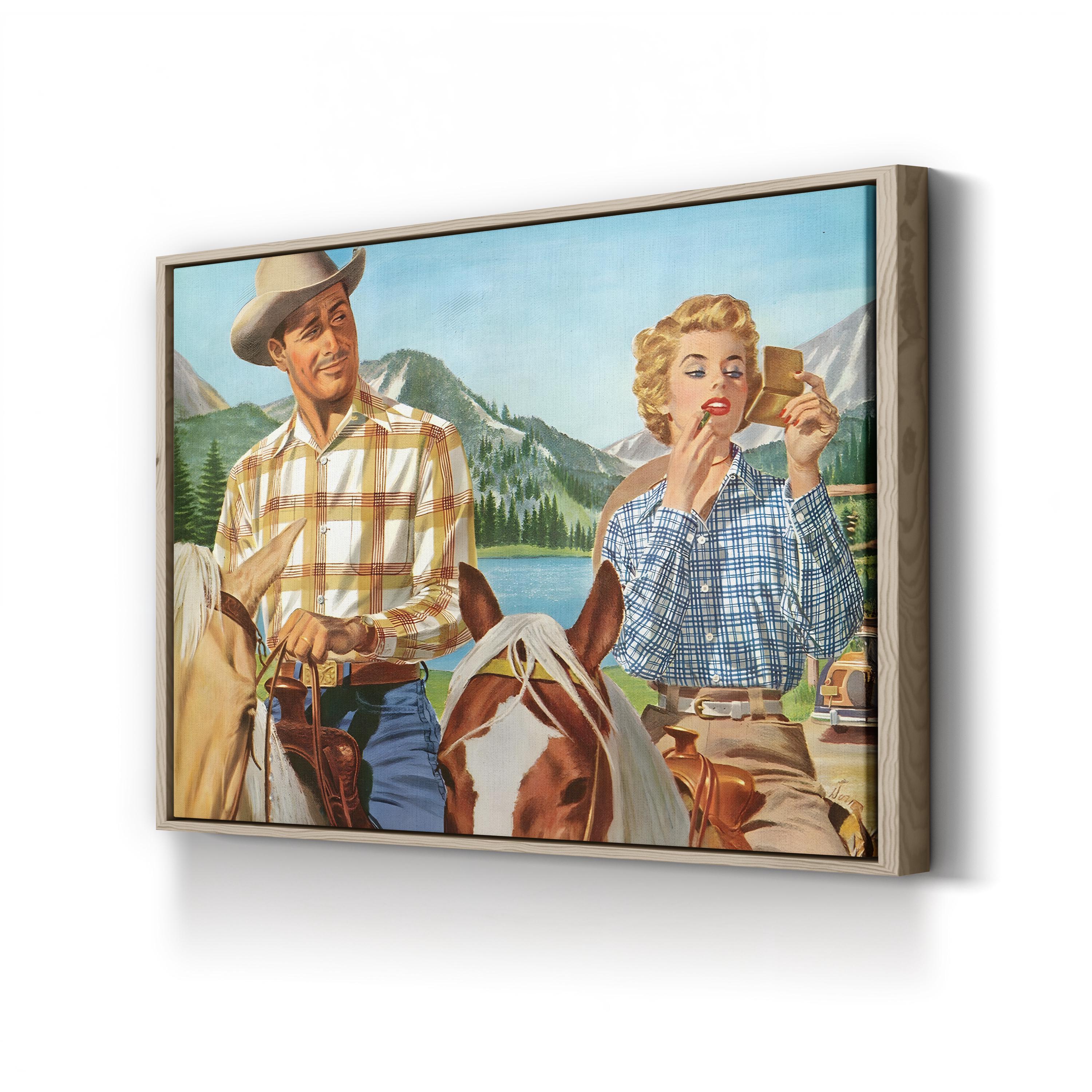 Cowboy & Woman Frontier Scene canvas print in Oak frame
