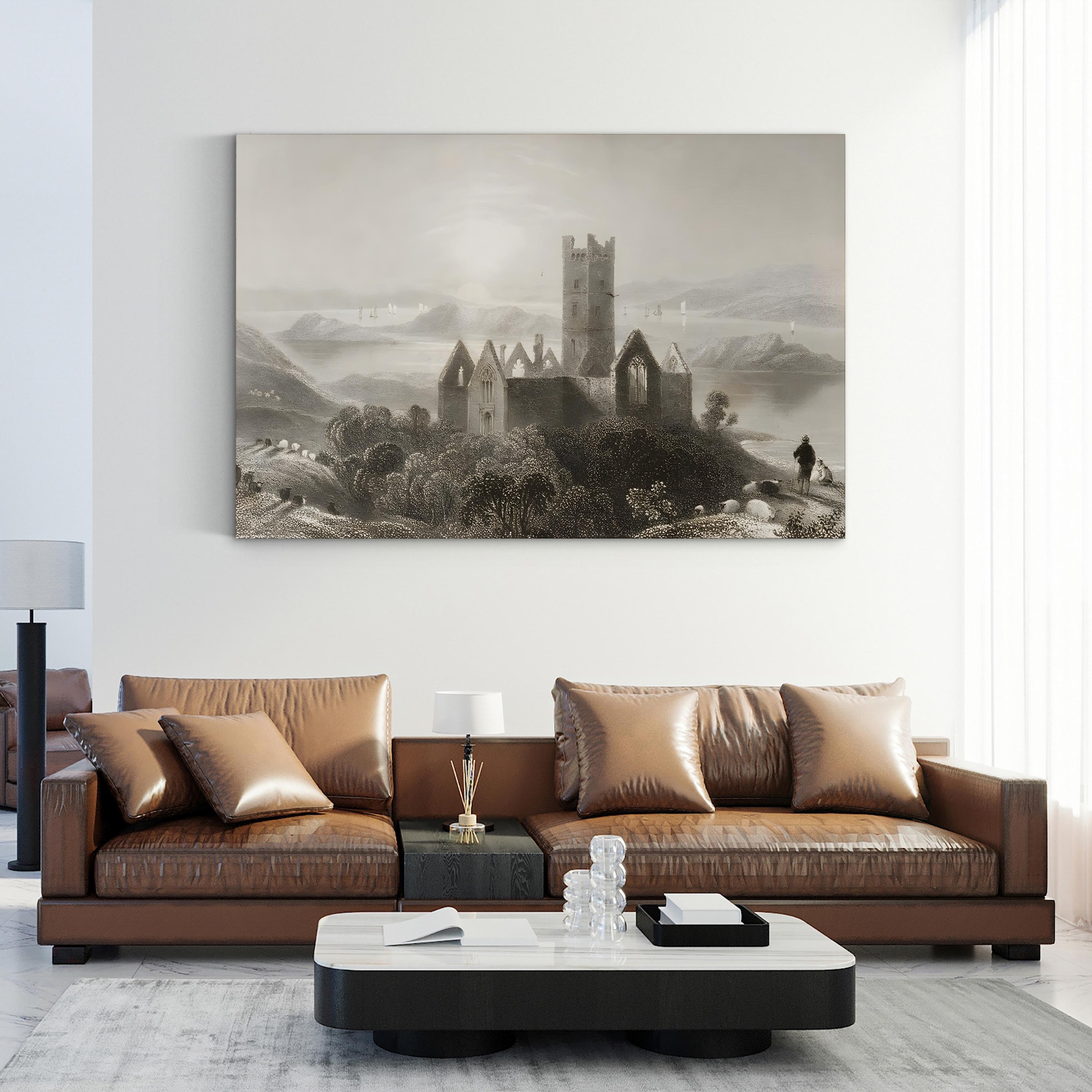 Rosserk Abbey, County Mayo, Ireland Wall Art by William Henry Bartlett – Vintage Irish Landscape Canvas