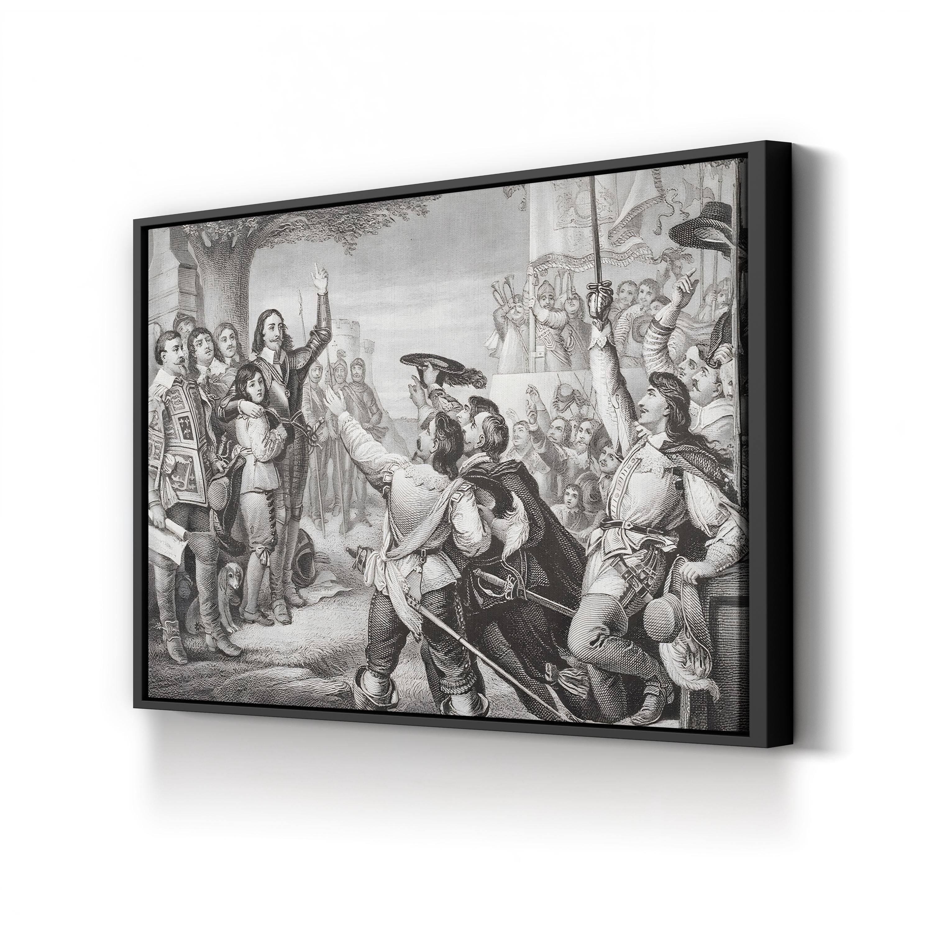 Framed black and white print of a historical scene with people and a central figure on a horse.