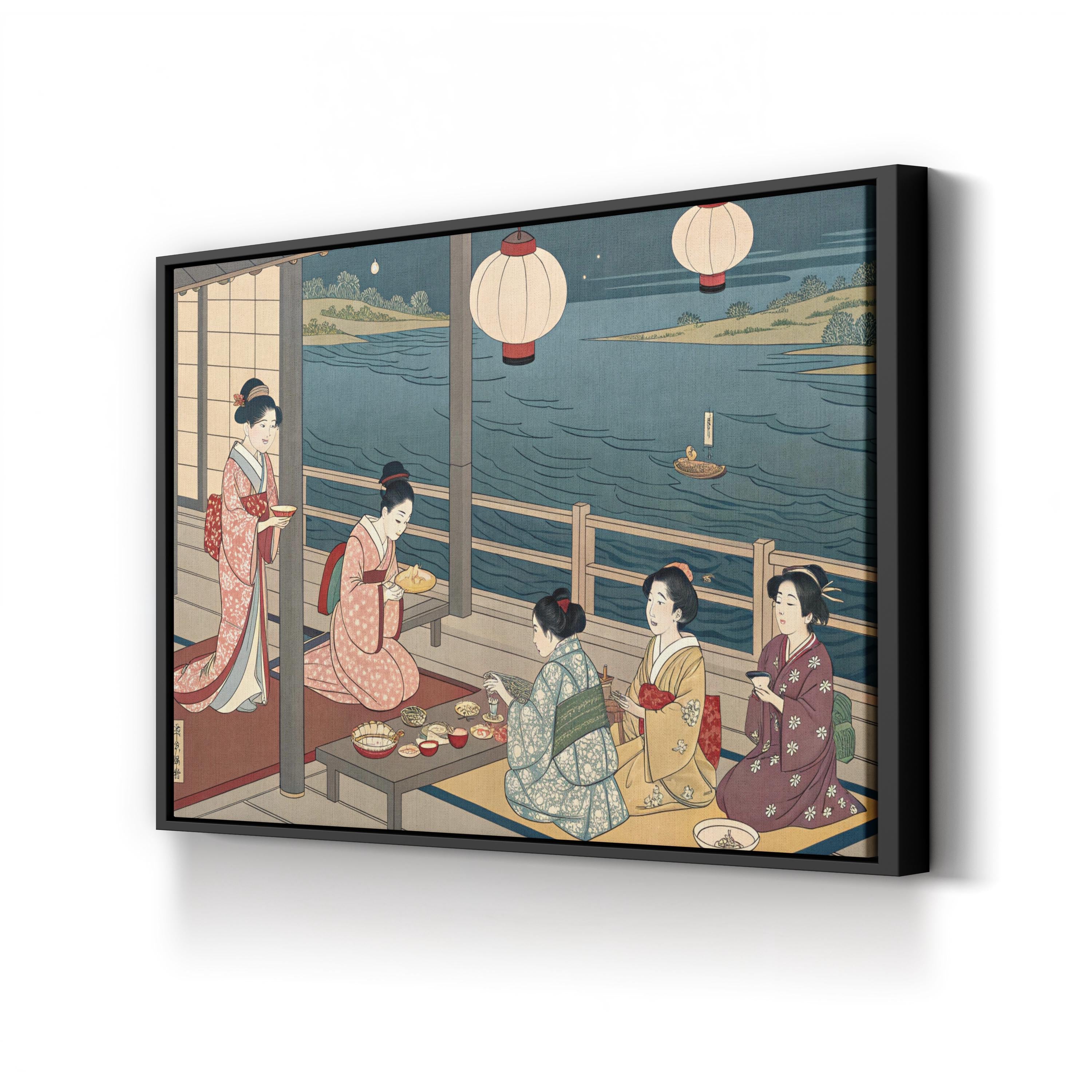 Geisha Evening Gathering by the River canvas print in black frame