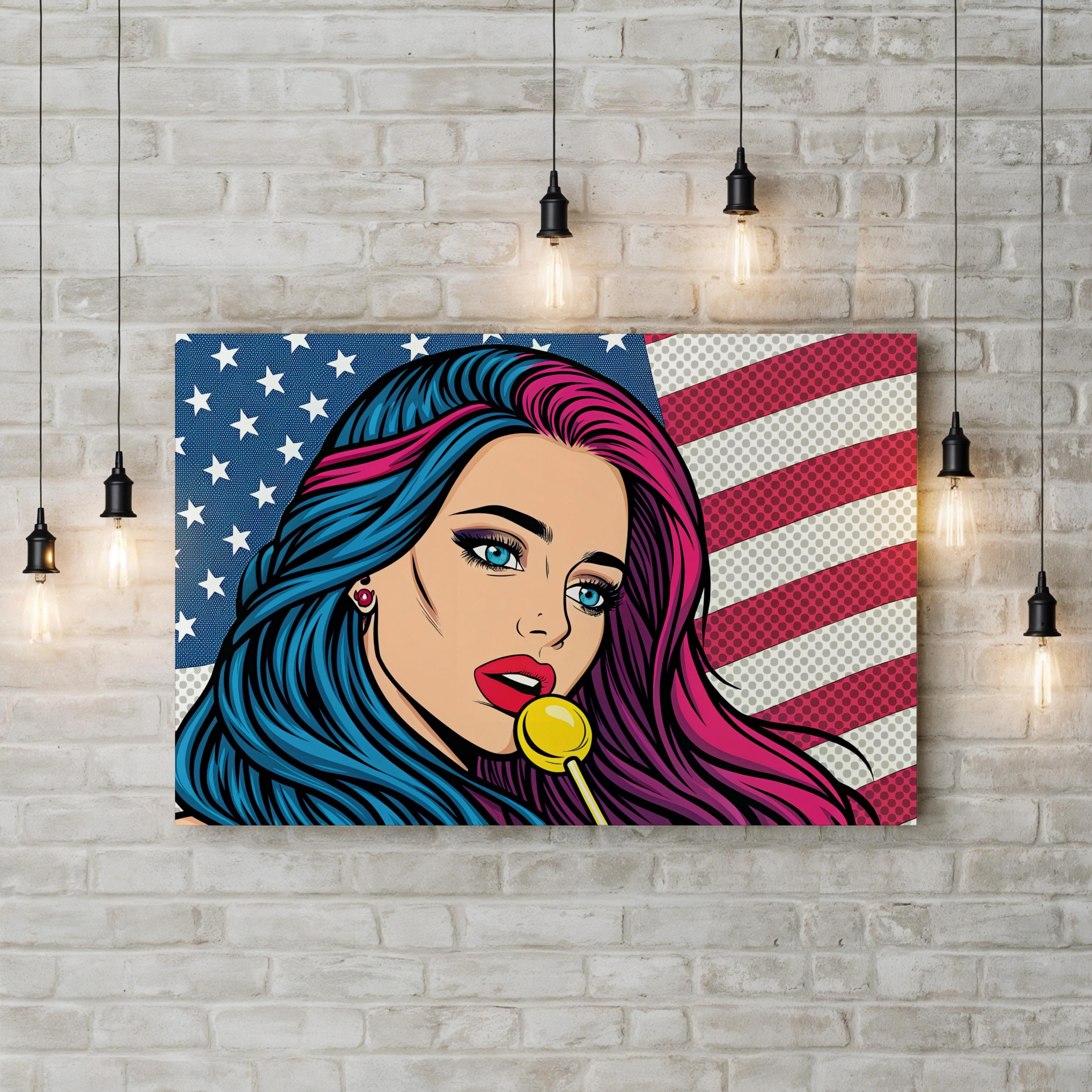 Retro Comic Girl with American Flag Wall Art | Pop Art Graphic Canvas Print