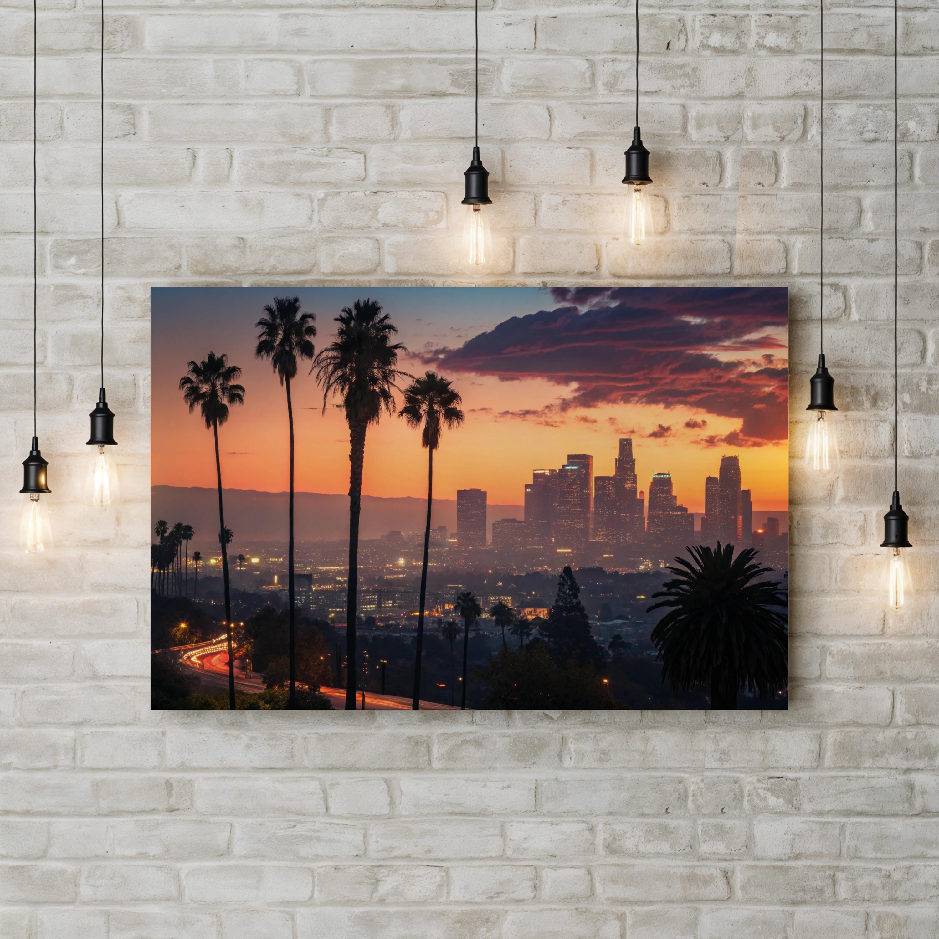 Los Angeles Sunset Wall Art | Palm Trees Cityscape, California Photography Canvas