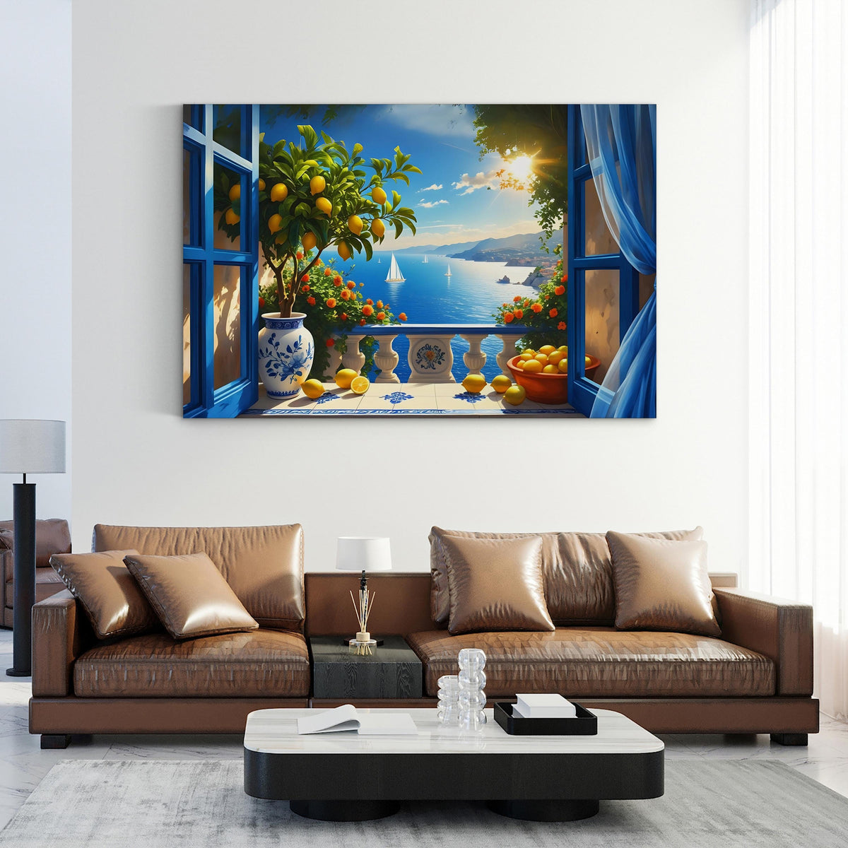Coastal Still Life with Lemons and Sailboats canvas print bare canvas