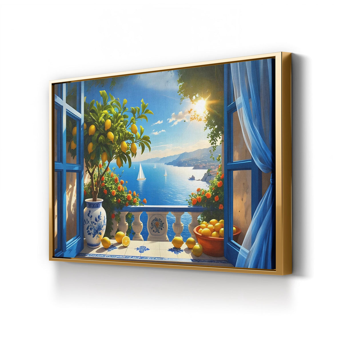 Coastal Still Life with Lemons and Sailboats canvas print in Gold frame