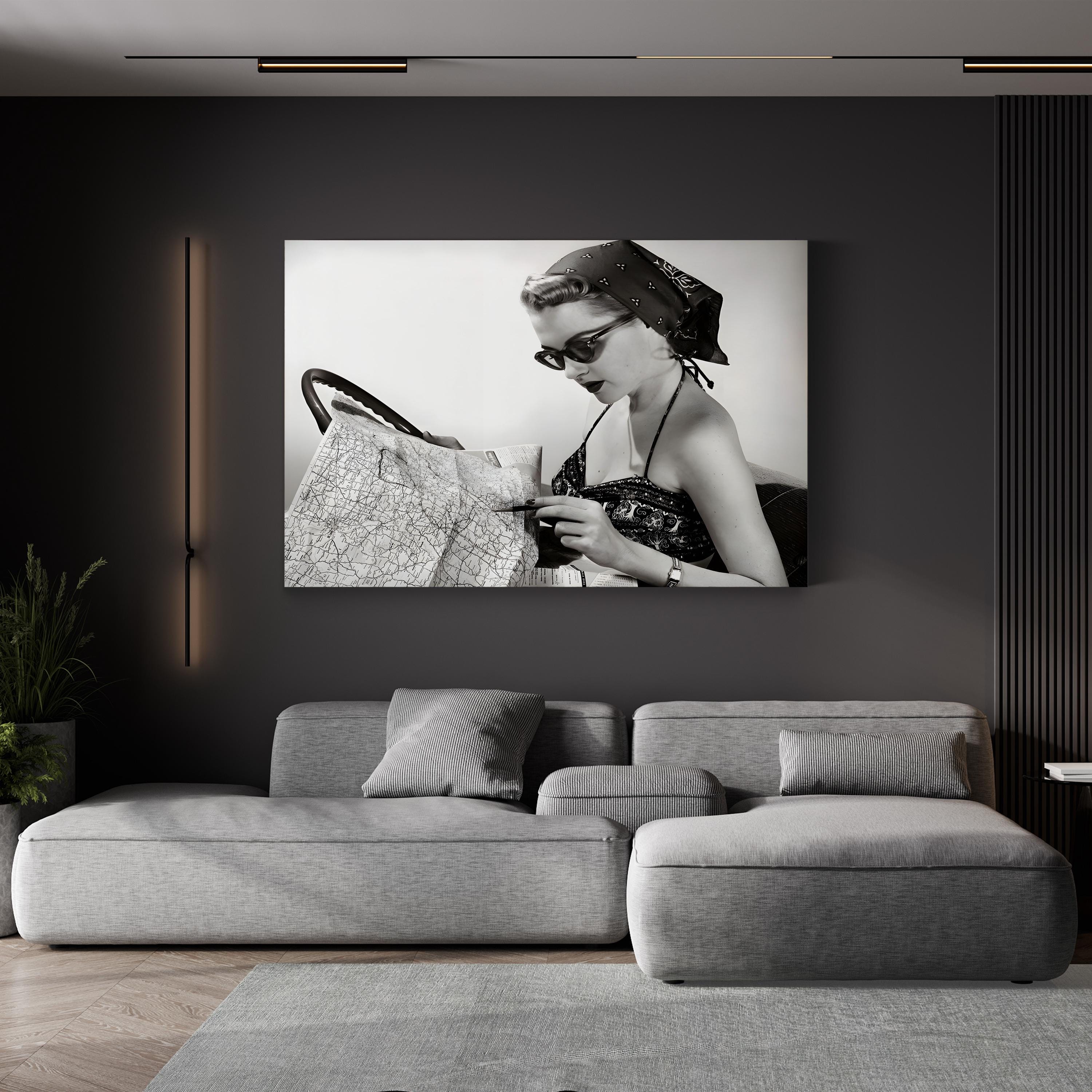 1950s Pin-Up with Road Map – Vintage Photography Wall Art | Retro Canvas Print