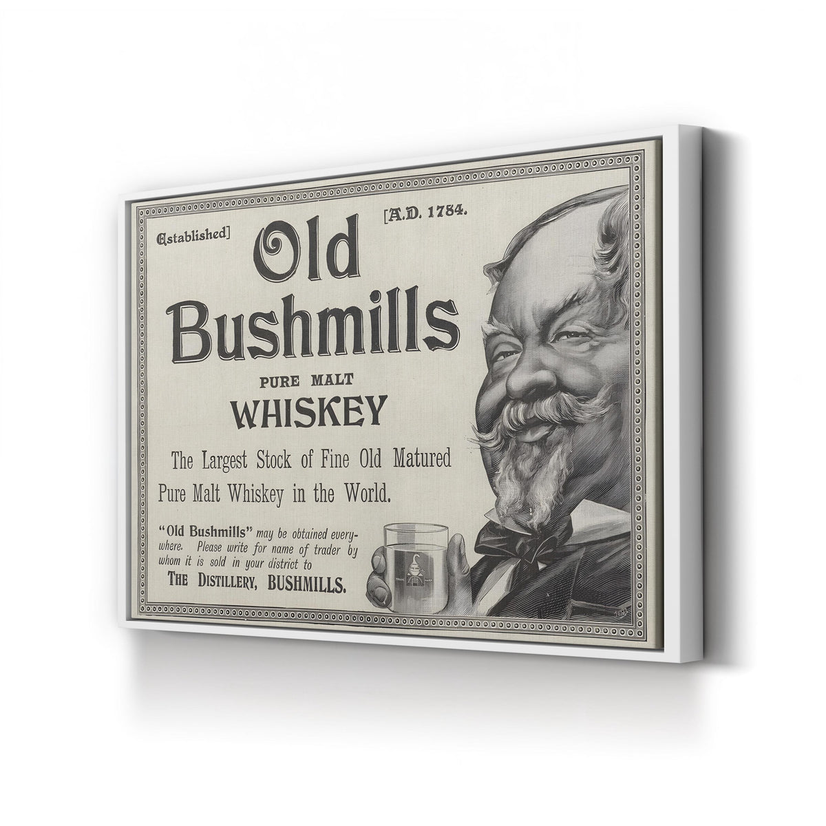 Old Bushmills Pure Malt Whiskey Advertisement canvas print in White Framed Canvas