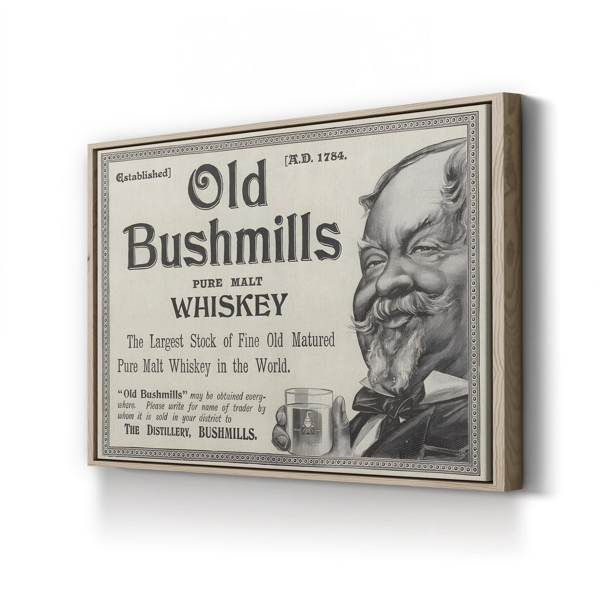 Old Bushmills Pure Malt Whiskey Advertisement canvas print in Oak Framed Canvas