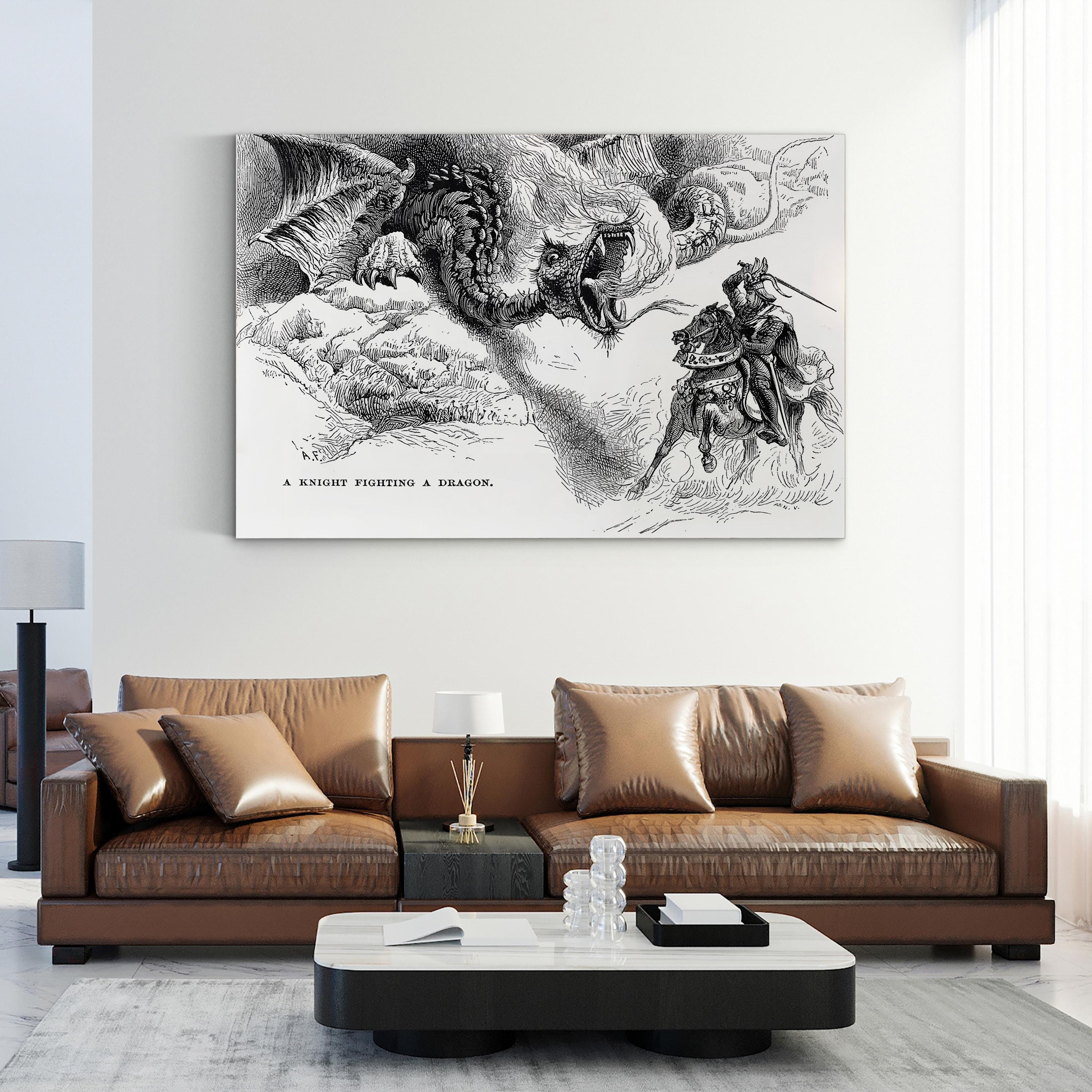 A Knight Errant Fighting a Dragon Wall Art | 19th Century Medieval Fantasy Illustration Canvas