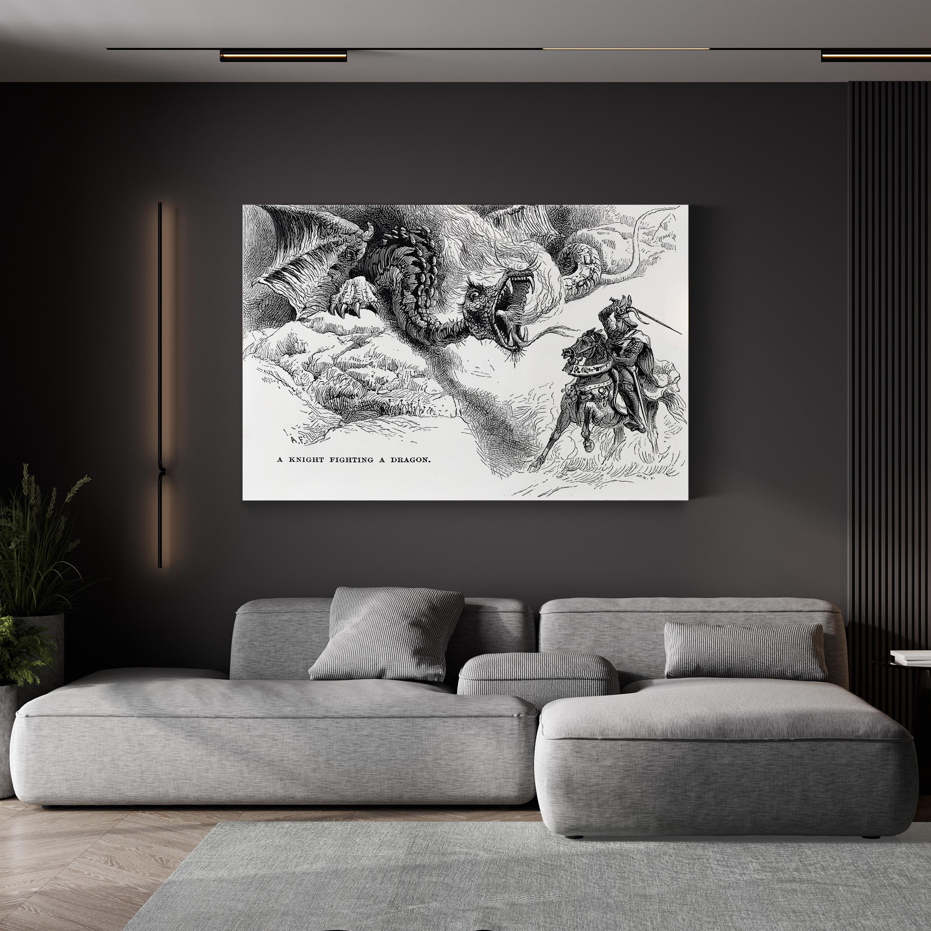 A Knight Errant Fighting a Dragon Wall Art | 19th Century Medieval Fantasy Illustration Canvas