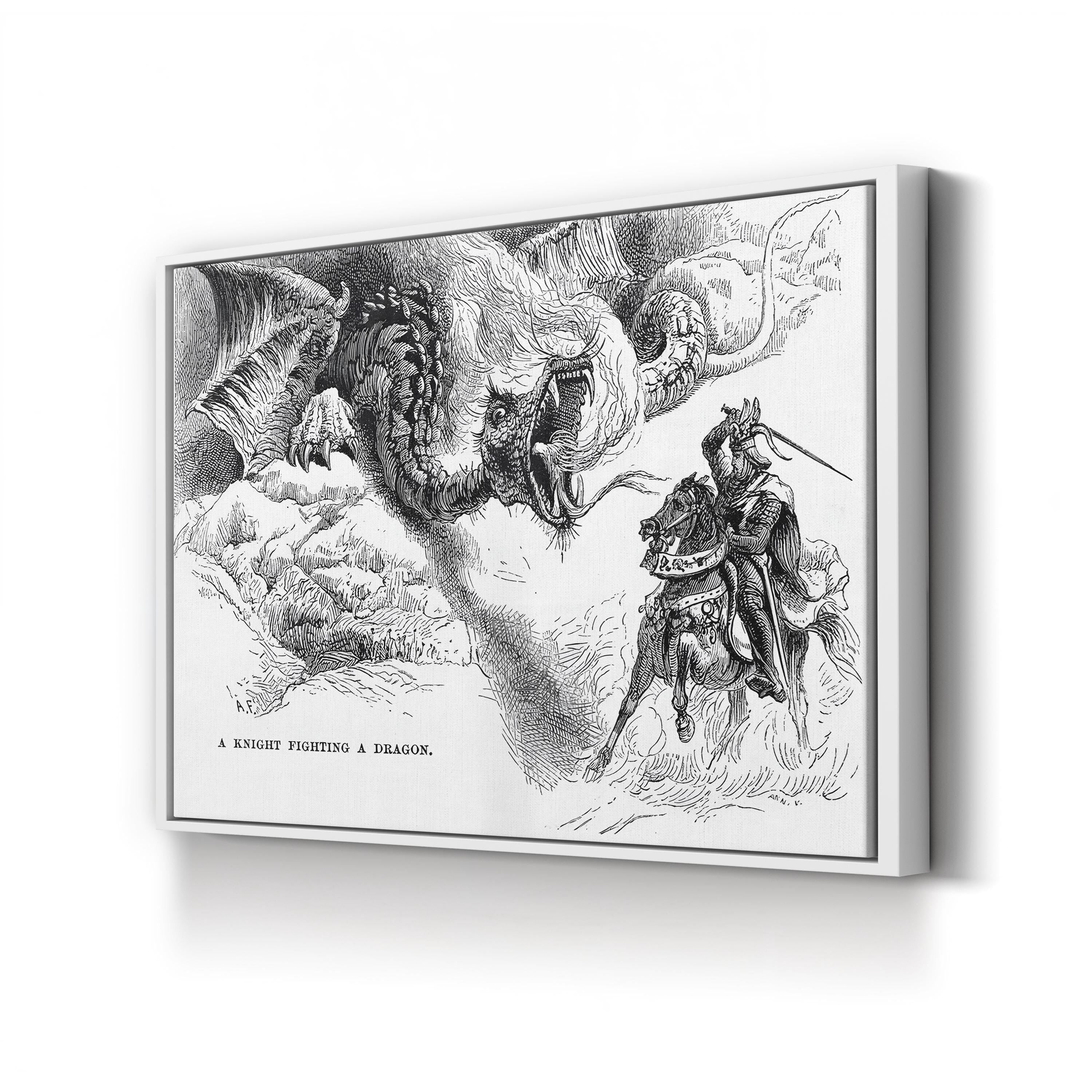 A Knight Errant Fighting a Dragon Wall Art | 19th Century Medieval Fantasy Illustration Canvas