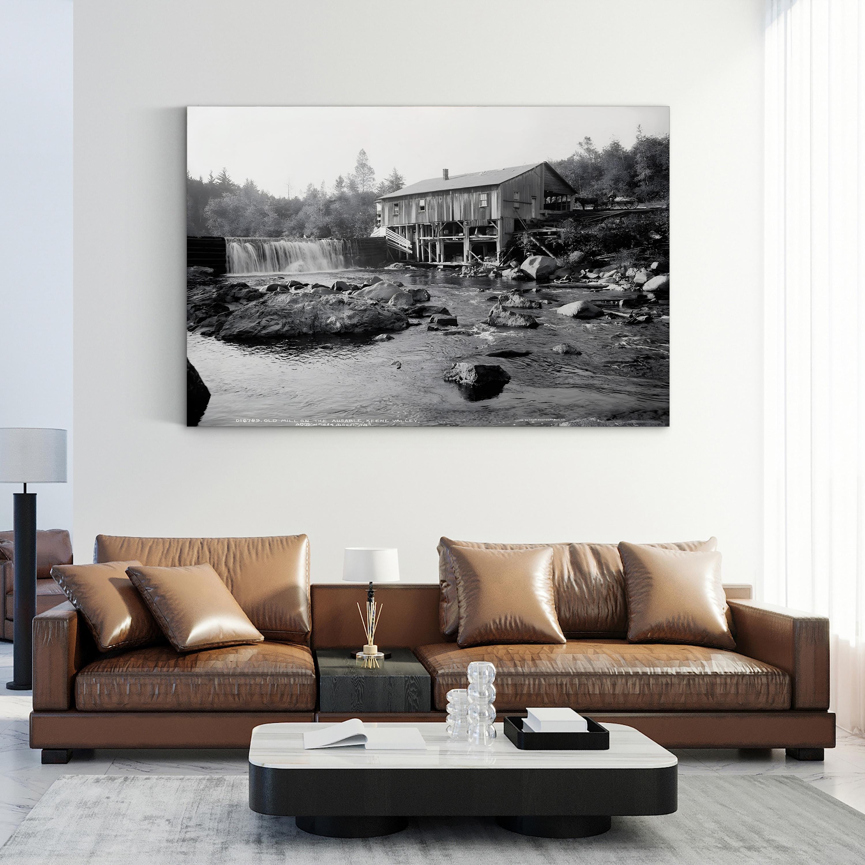 An Old Mill on the Ausable River, Adirondack Mountains, New York, c.1903 – Black & White Vintage Landscape Photograph Canvas