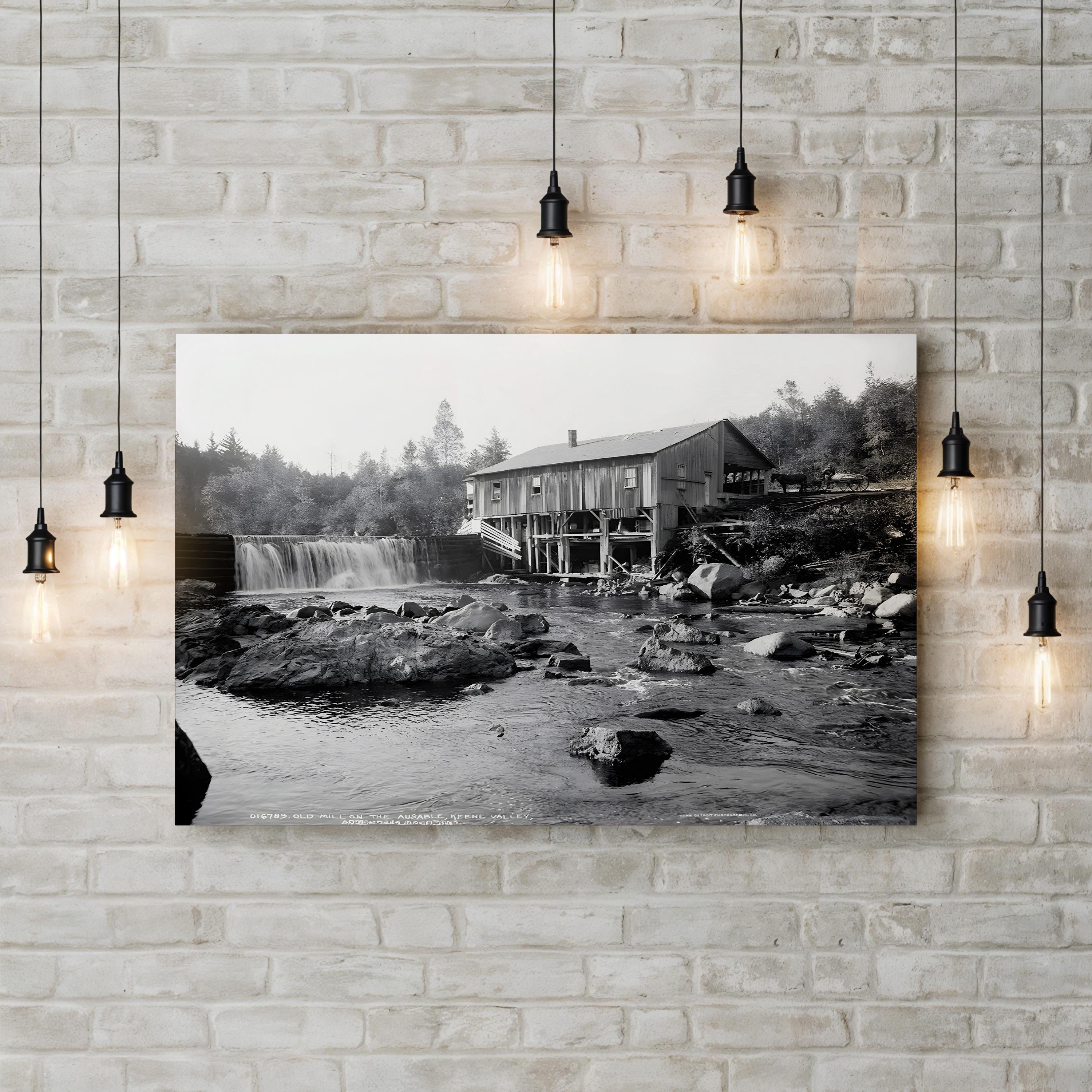 An Old Mill on the Ausable River, Adirondack Mountains, New York, c.1903 – Black & White Vintage Landscape Photograph Canvas