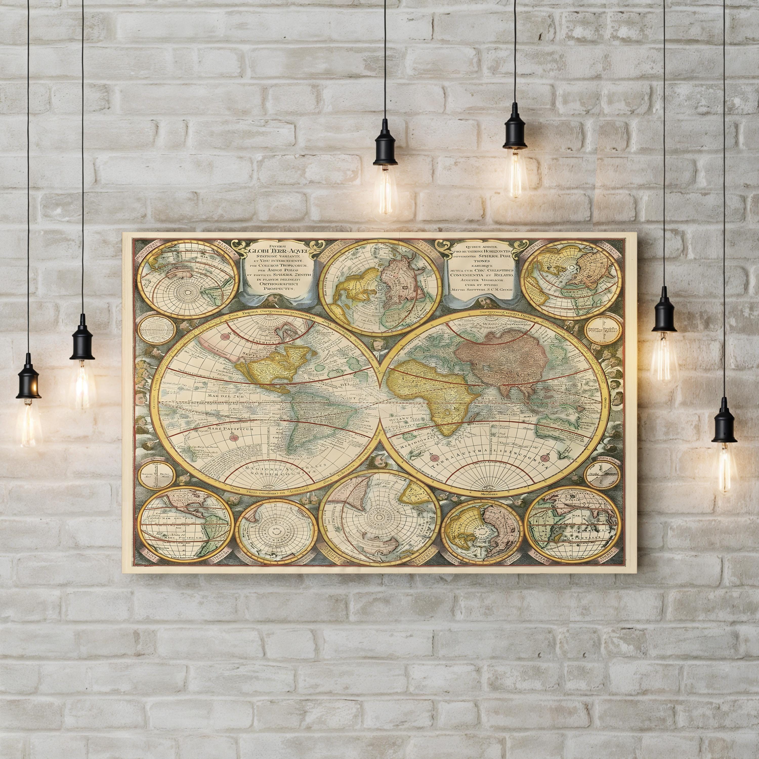 Antique World Map Collage – Historical Map Wall Art | Vintage Globe Canvas Print