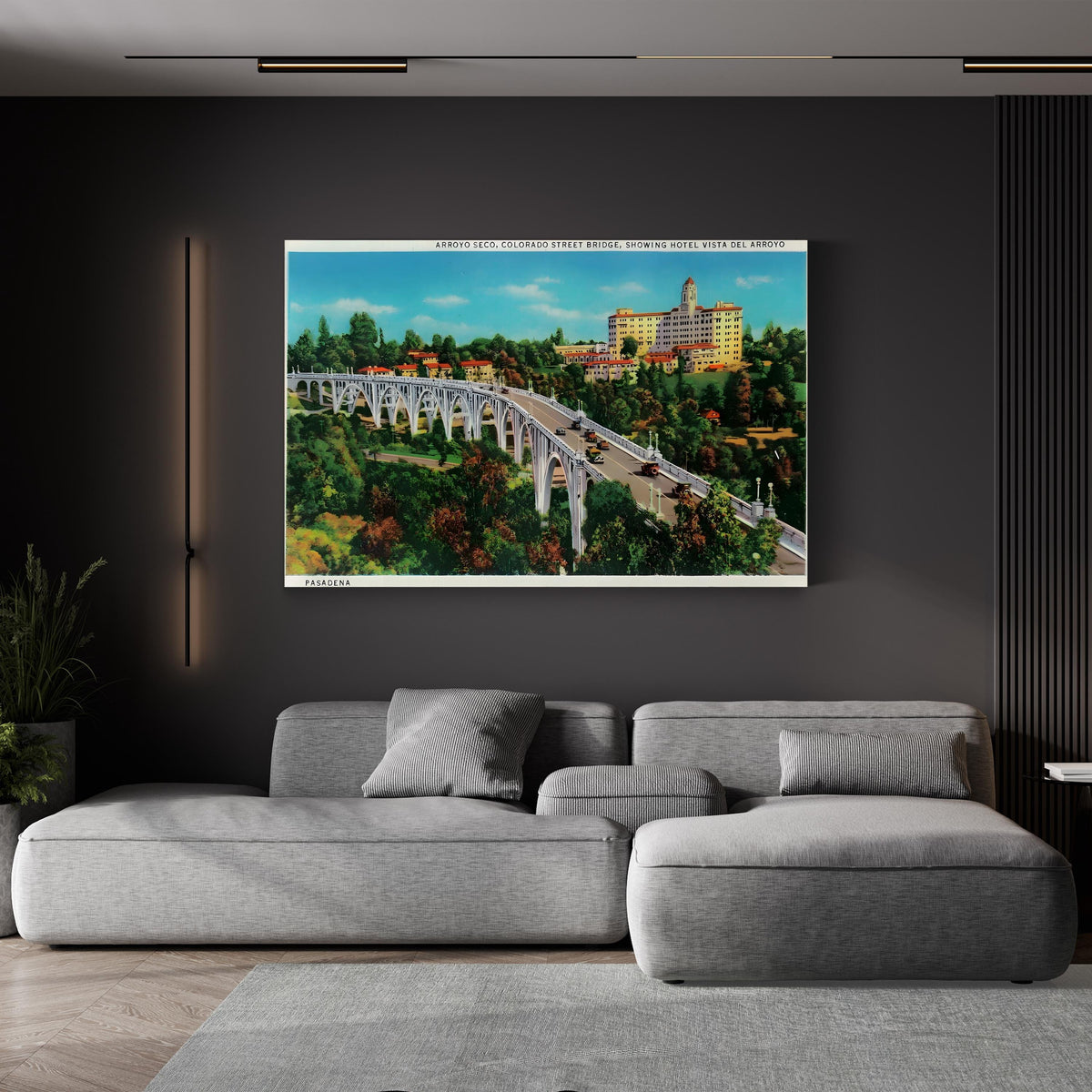Arroyo Seco Bridge, Colorado Street Bridge, Pasadena, California canvas print displayed in a dark modern room
