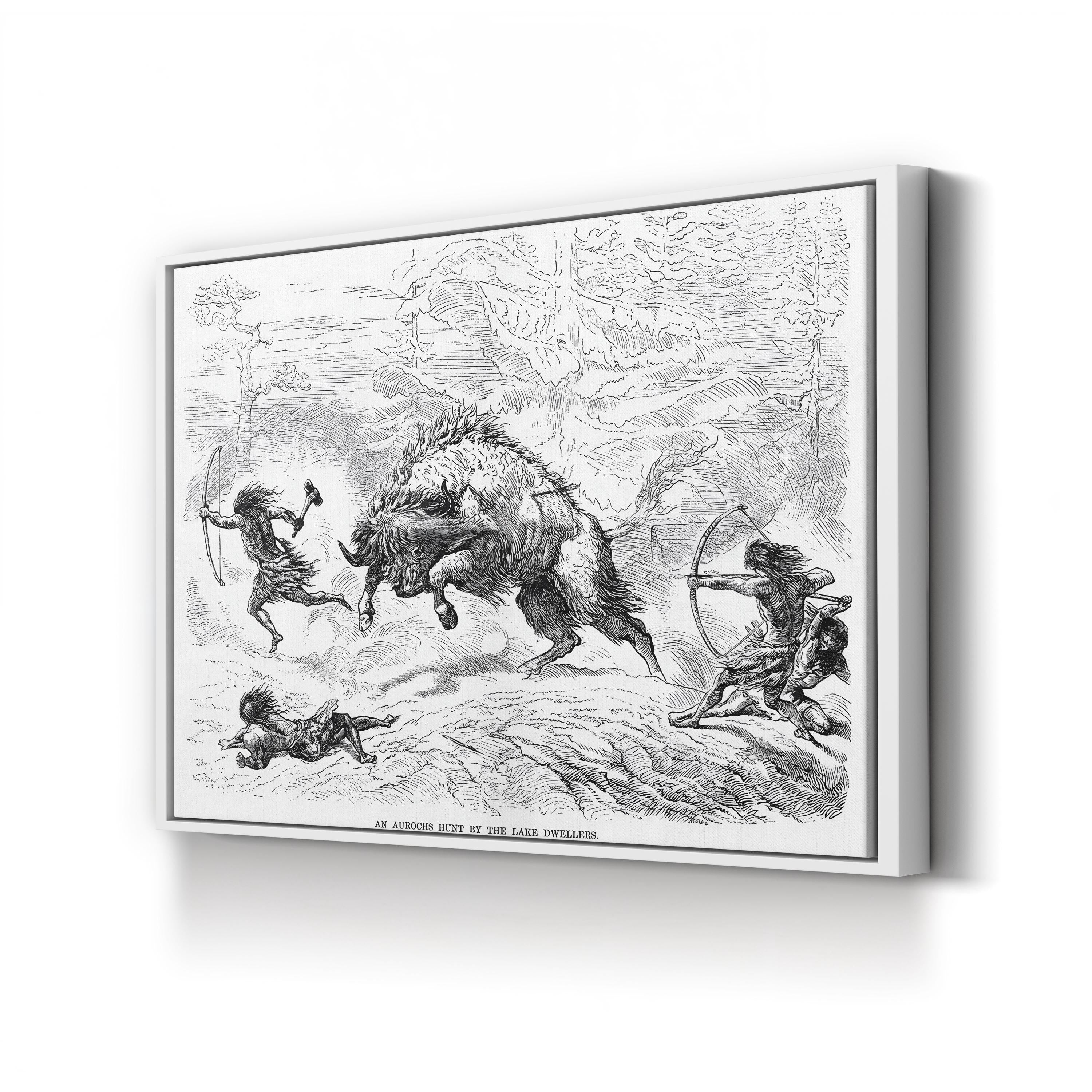 An Aurochs Hunt by the Lake Dwellers canvas print in white frame