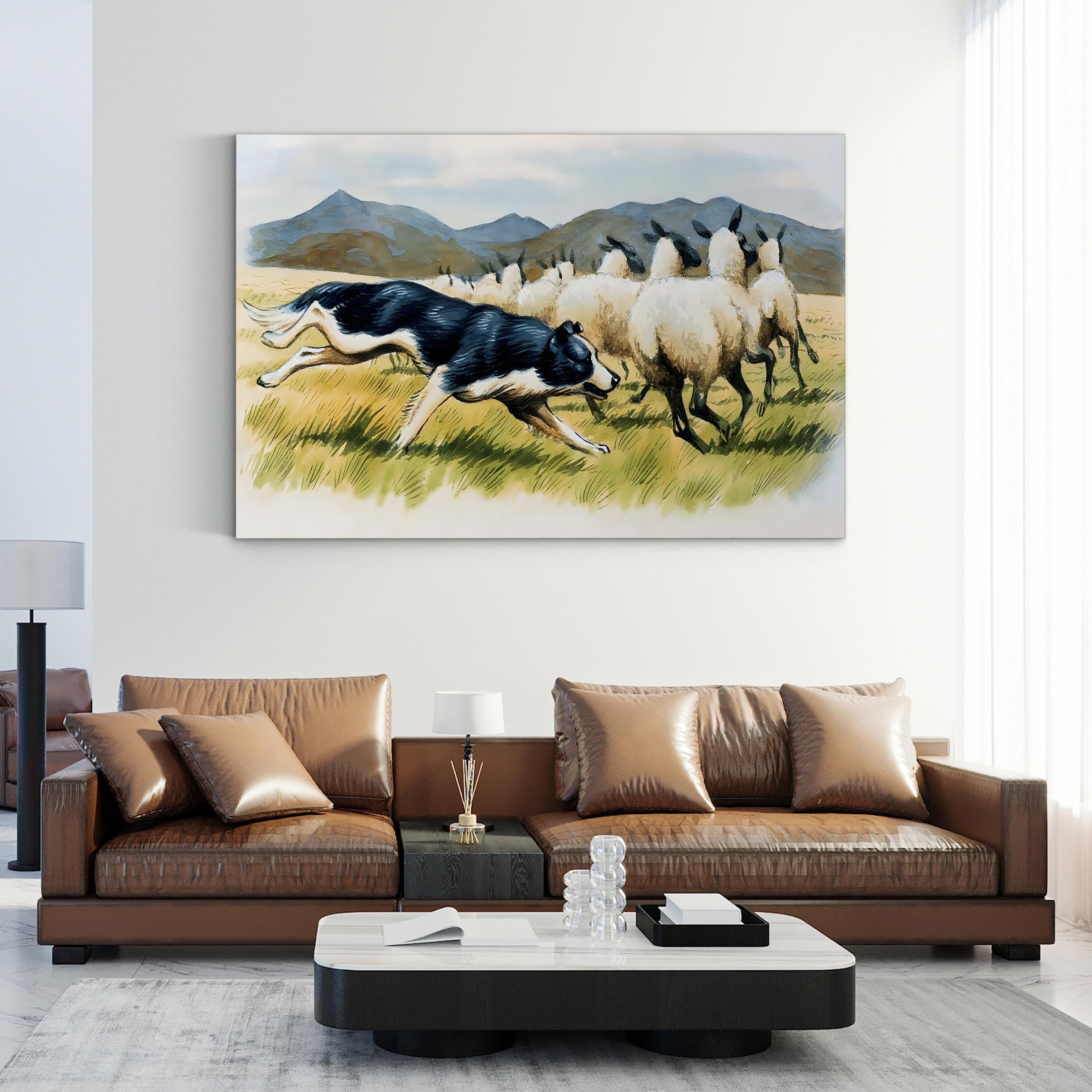 Border Collie Herding Sheep Wall Art by English School