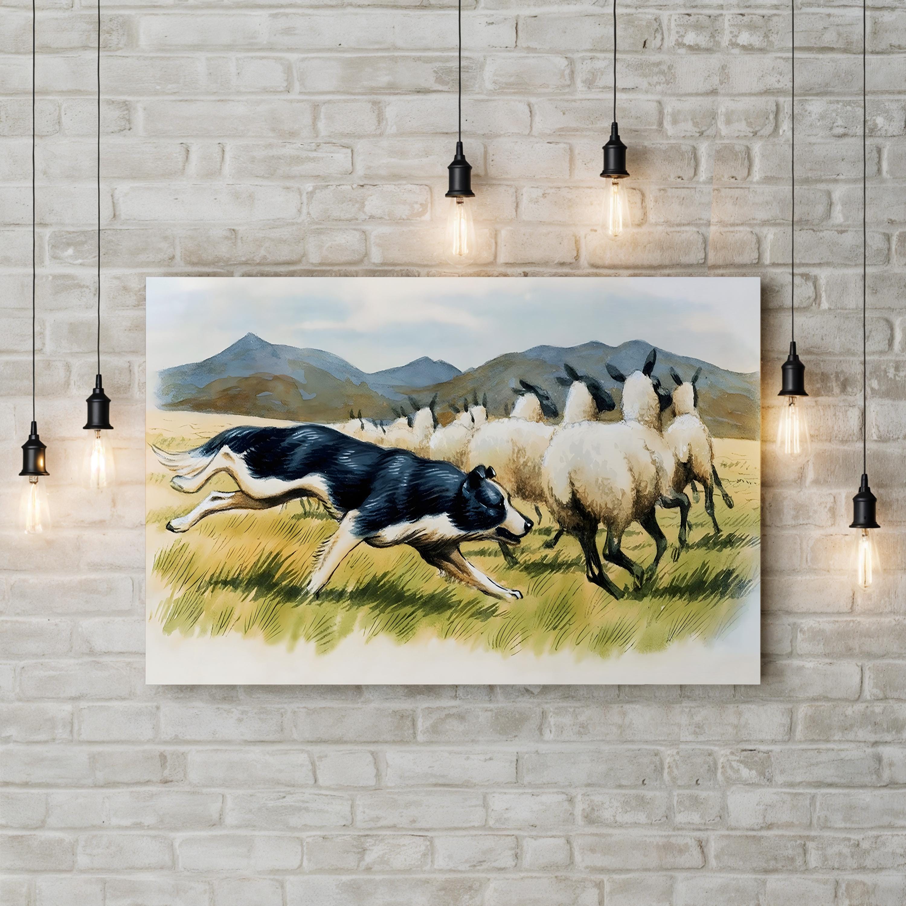 Border Collie Herding Sheep Wall Art by English School