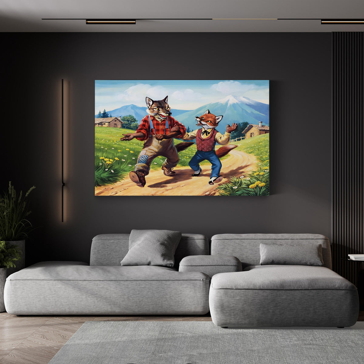 Brer Fox Walking with Brer Wolf canvas print displayed in a living room with a gray sofa