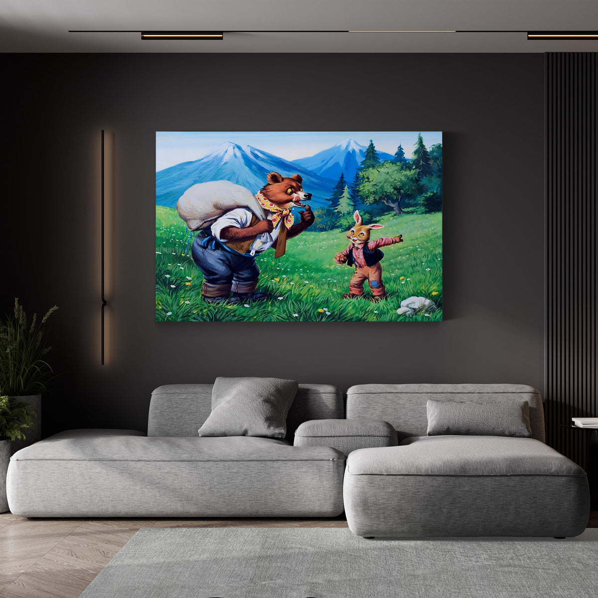 Brer Rabbit and Brer Bear canvas print displayed in a living room with a gray sofa