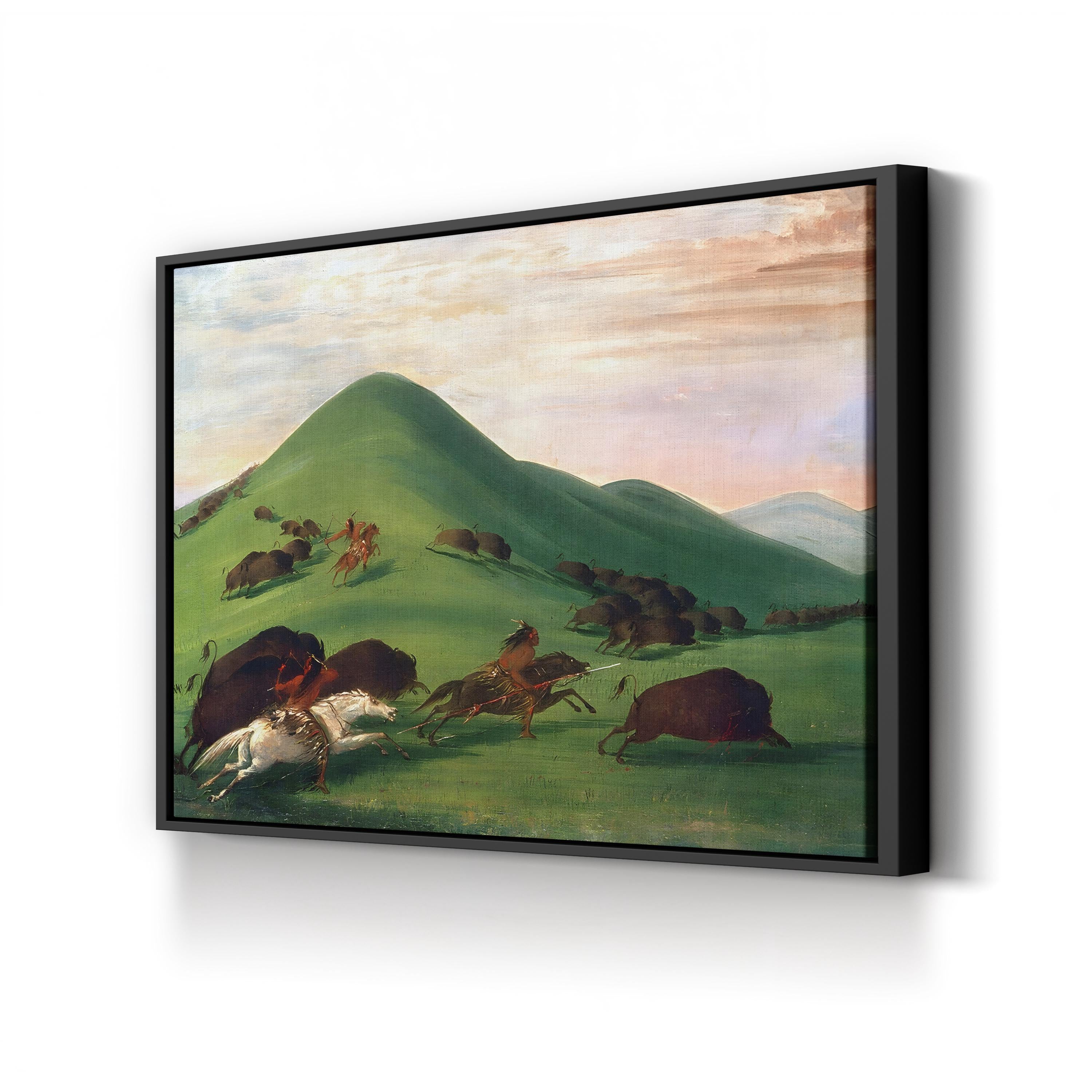 Buffalo Hunt, 1830s Wall Art by George Catlin – Western Native American Historical Canvas