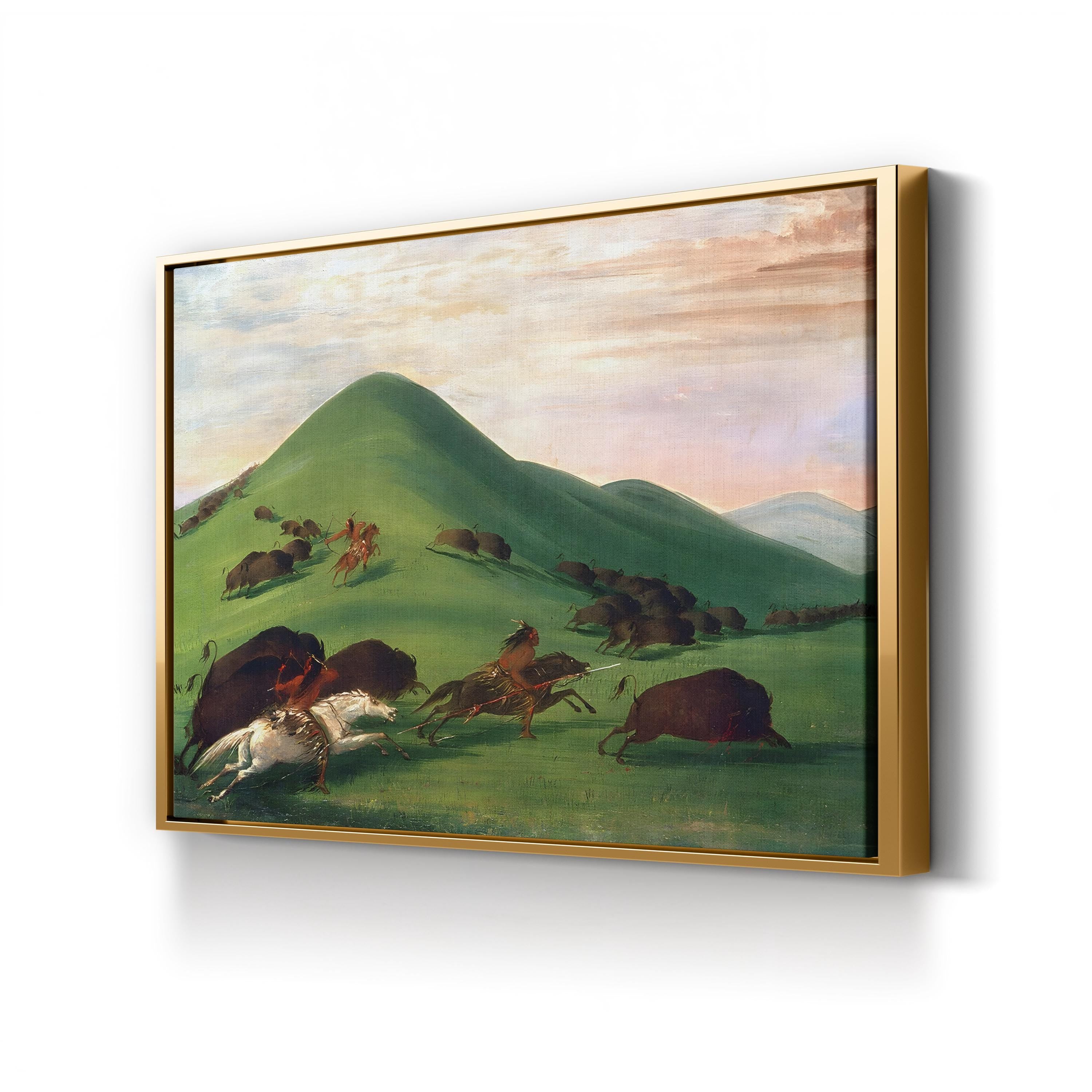 Buffalo Hunt, 1830s Wall Art by George Catlin – Western Native American Historical Canvas