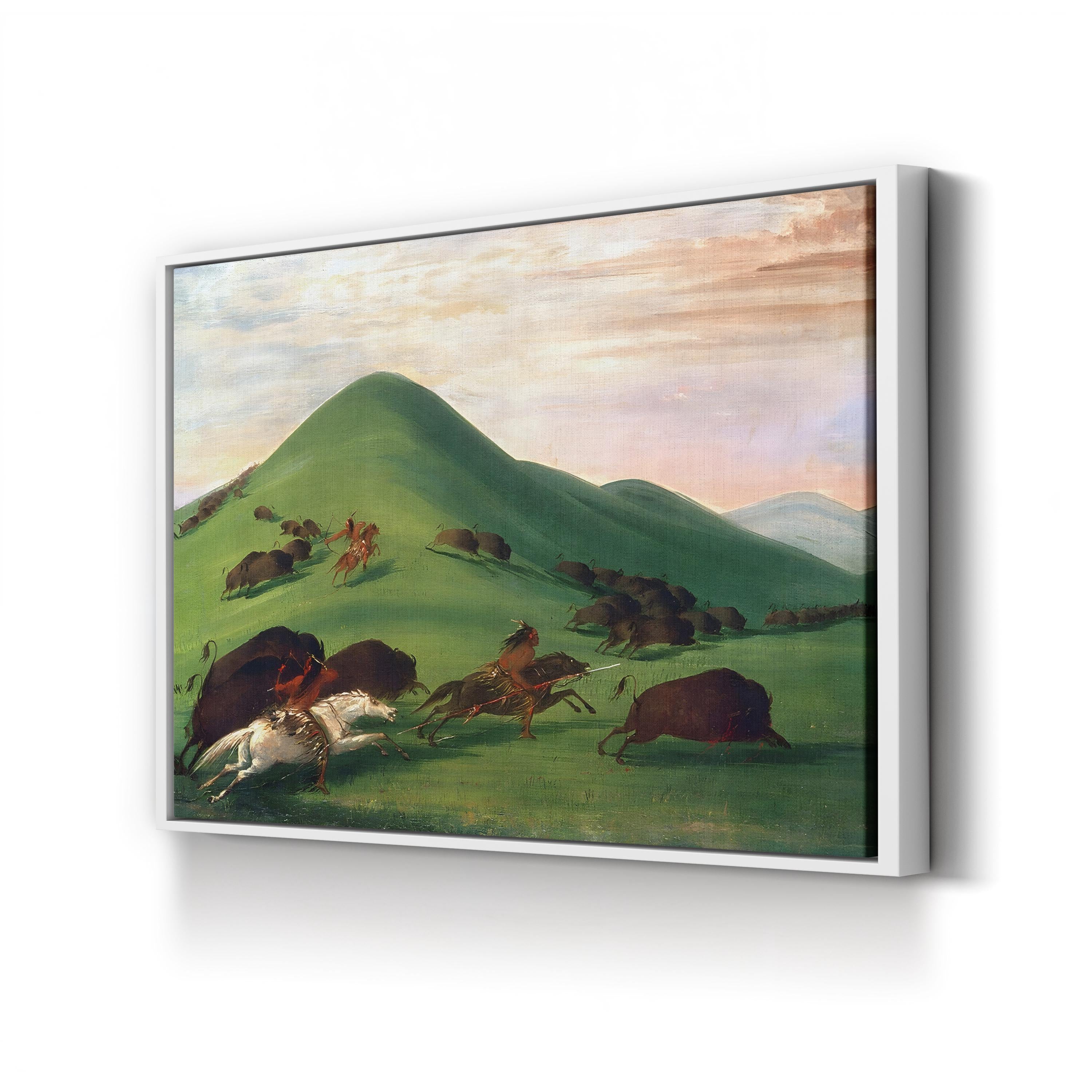 Buffalo Hunt, 1830s Wall Art by George Catlin – Western Native American Historical Canvas