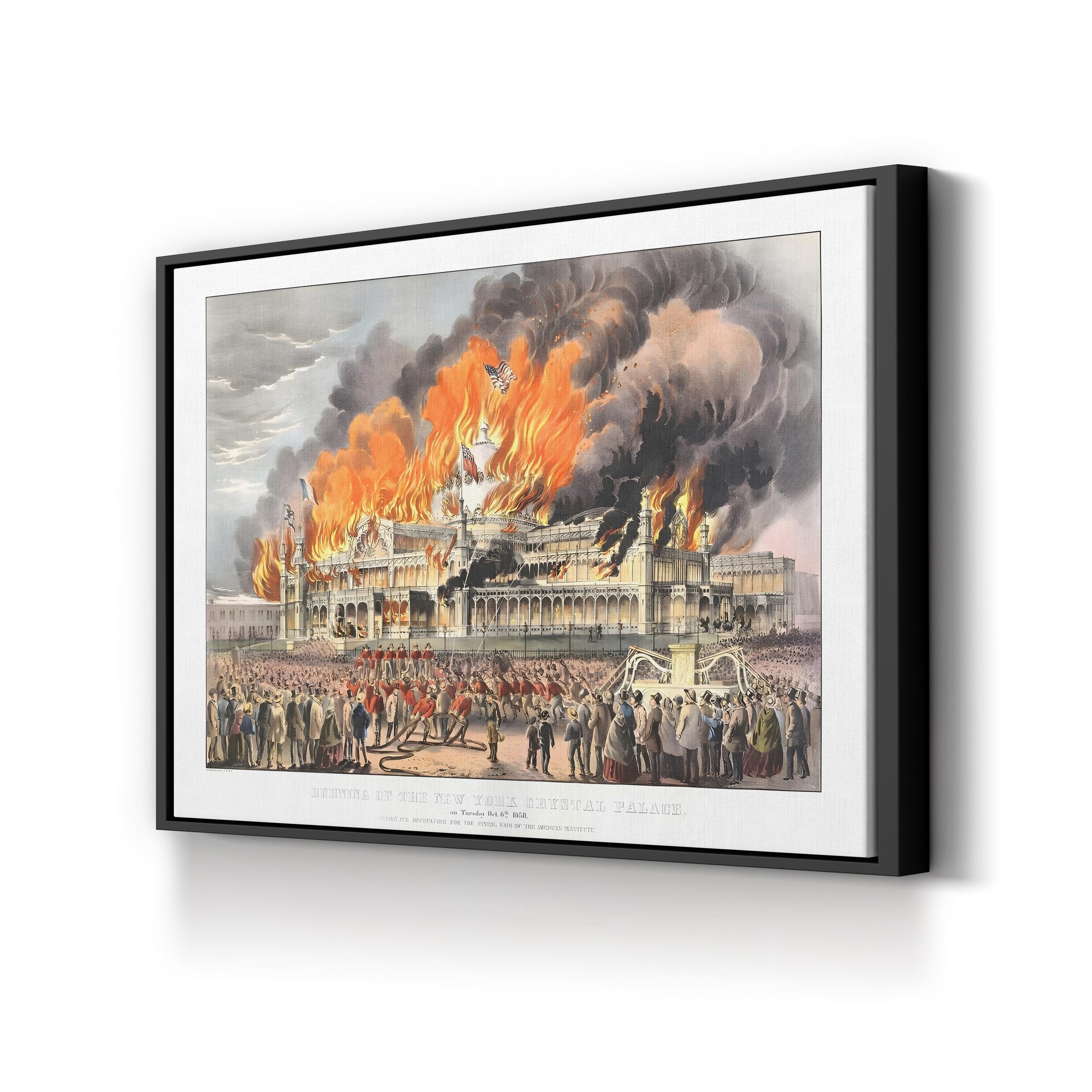 Burning of the New York Crystal Palace, October 5, 1858 by Currier & Ives canvas print in Black Framed Canvas
