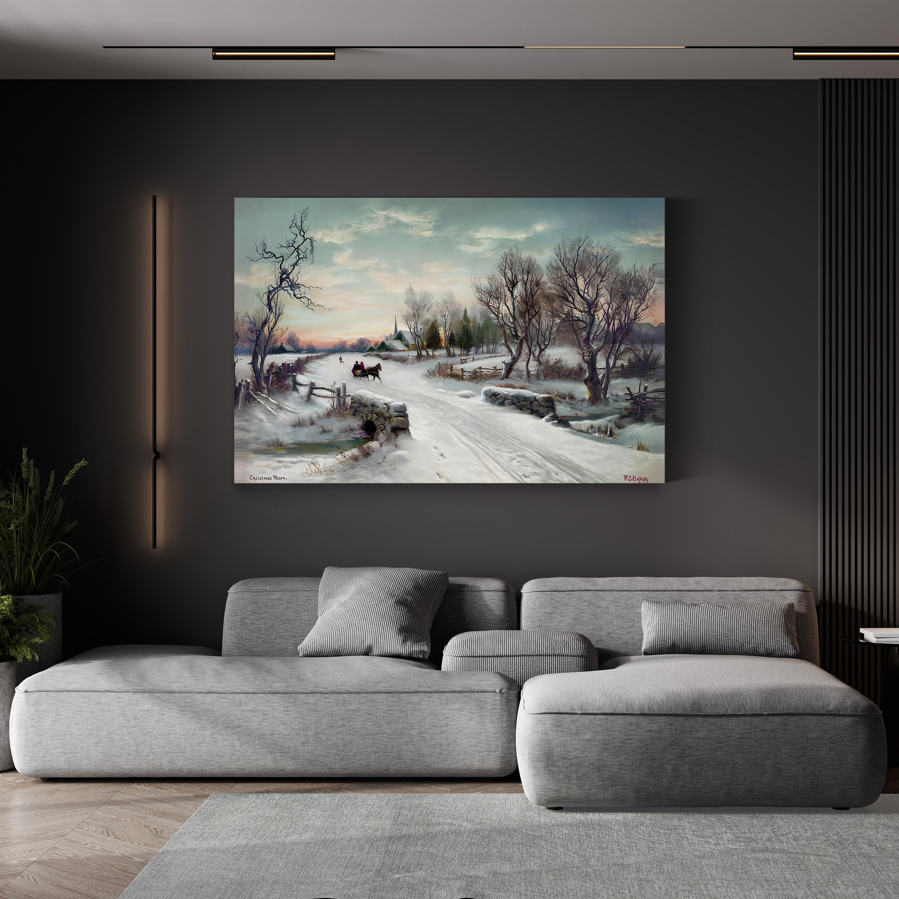 Christmas Morn, by W.C. Bauer canvas print displayed in a gray-sofa living room