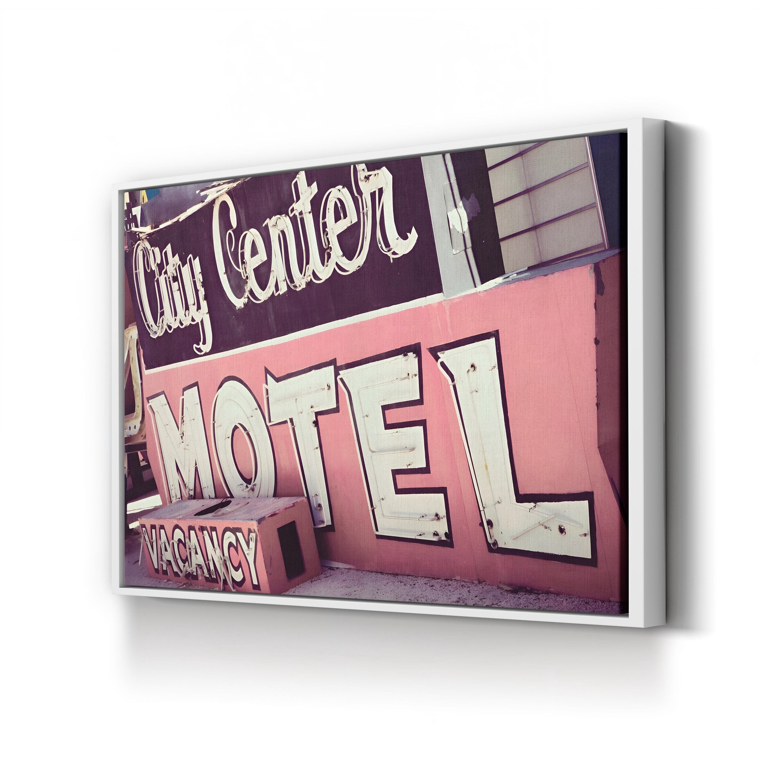 City Center Motel Neon Sign, Las Vegas canvas print in White Framed Canvas, displayed in a modern living room