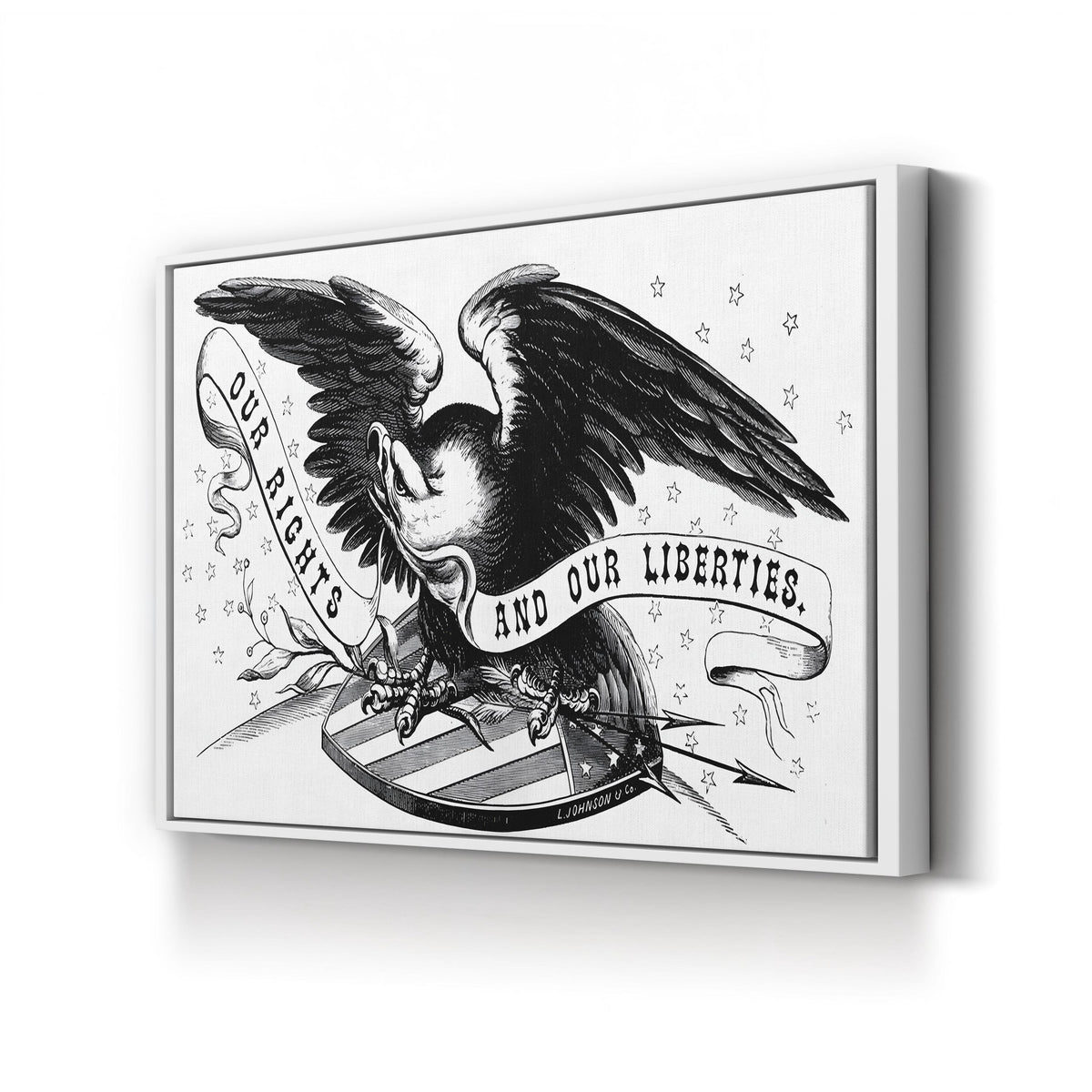American Eagle with “Our Rights and Our Liberties” Banner Engraving canvas print in White Framed Canvas