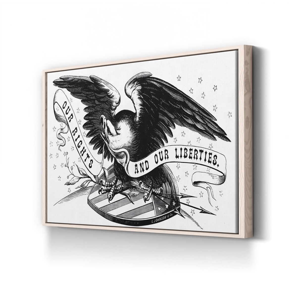 American Eagle with “Our Rights and Our Liberties” Banner Engraving canvas print in Natural Frame Canvas