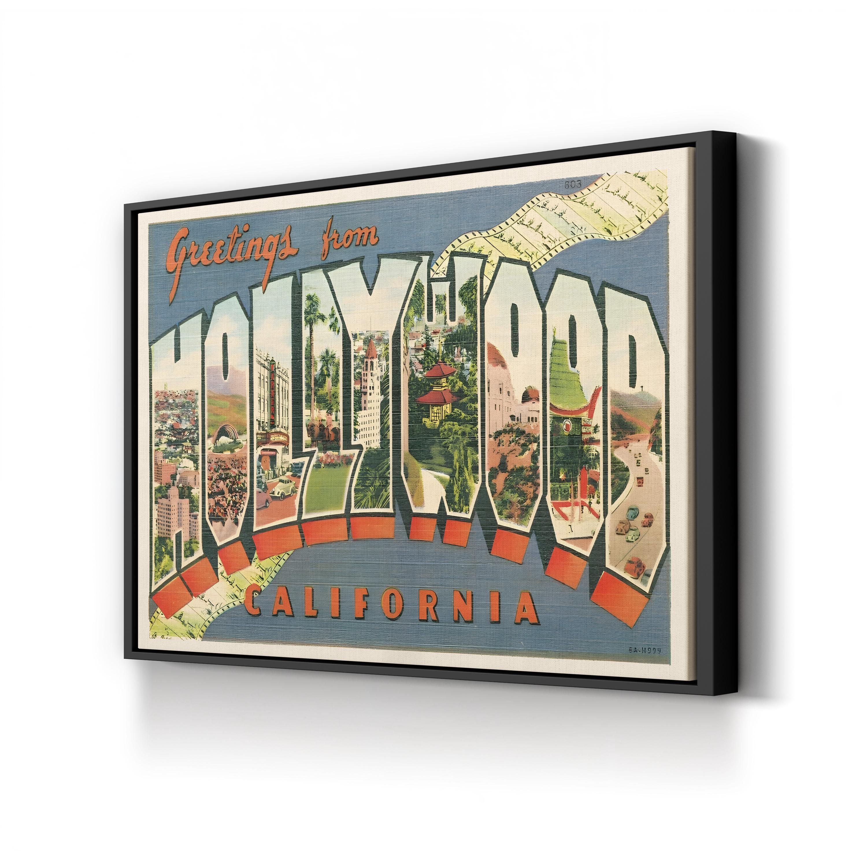 Greetings from Hollywood Postcard – Period Illustration Wall Art | Retro Travel Canvas Print