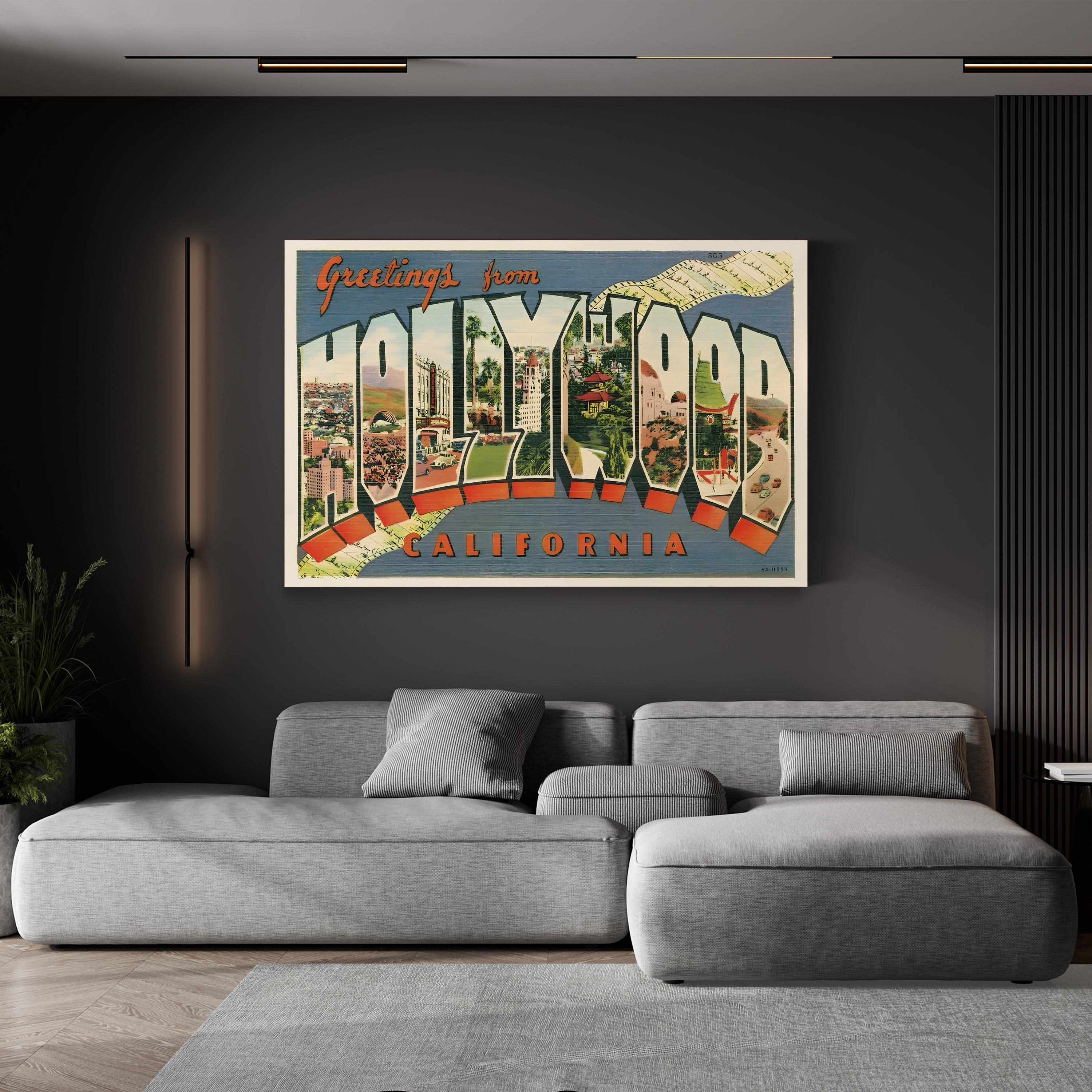 Greetings from Hollywood Postcard – Period Illustration Wall Art | Retro Travel Canvas Print