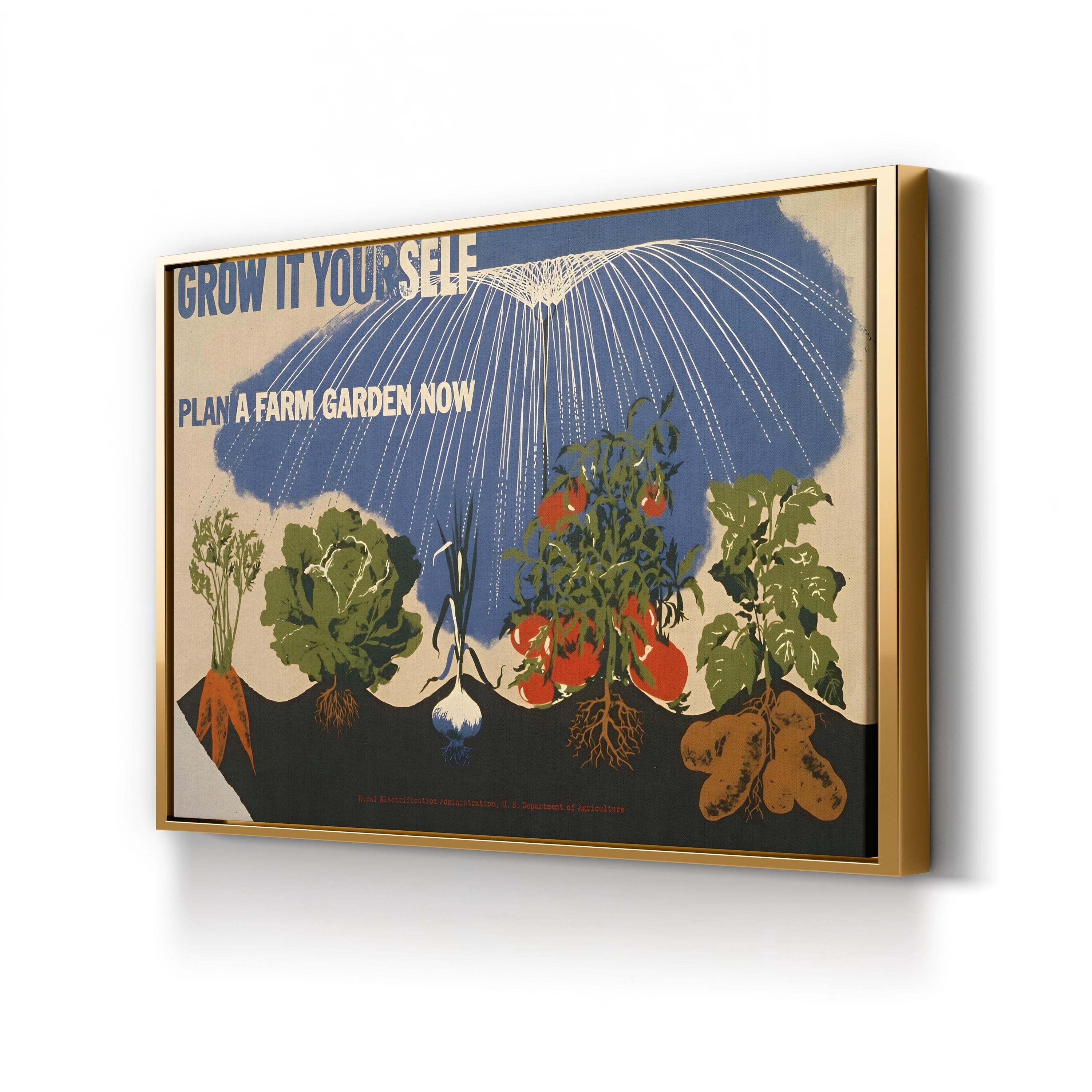Grow It Yourself WPA Farm Garden Poster, c. 1940s canvas print in Gold frame