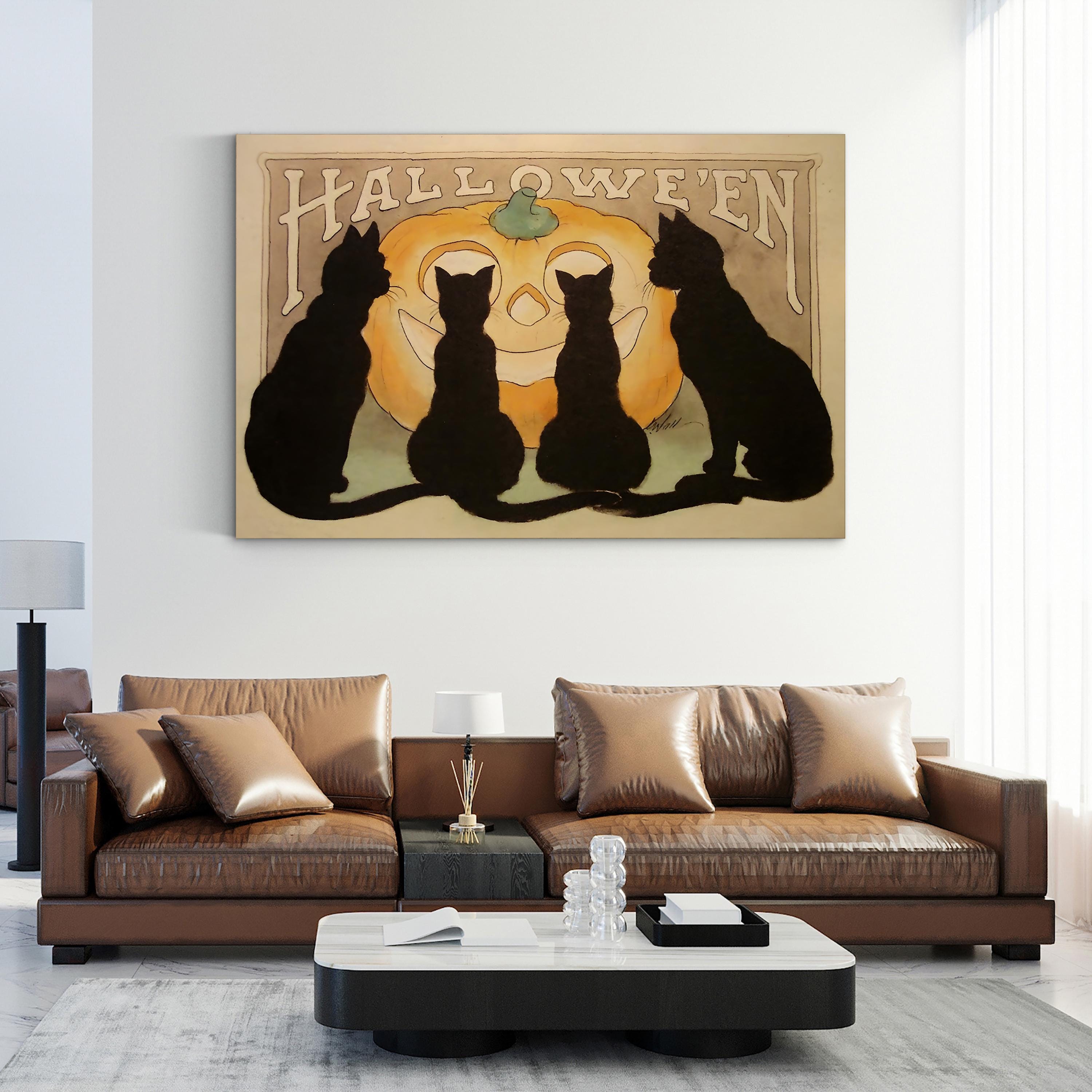 Halloween Black Cats & Jack-o-Lantern – Period Illustration Wall Art | Vintage Canvas Print