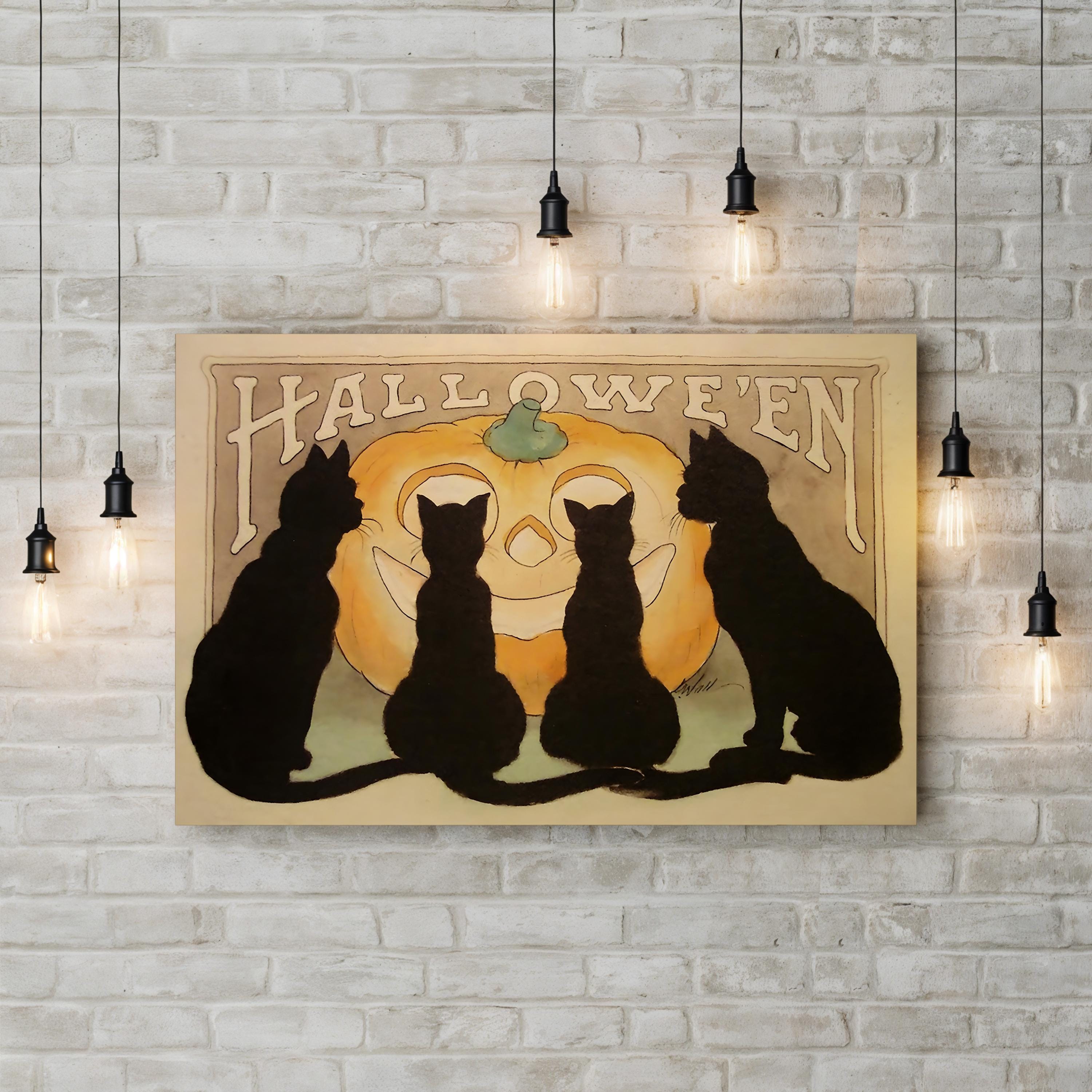 Halloween Black Cats & Jack-o-Lantern – Period Illustration Wall Art | Vintage Canvas Print