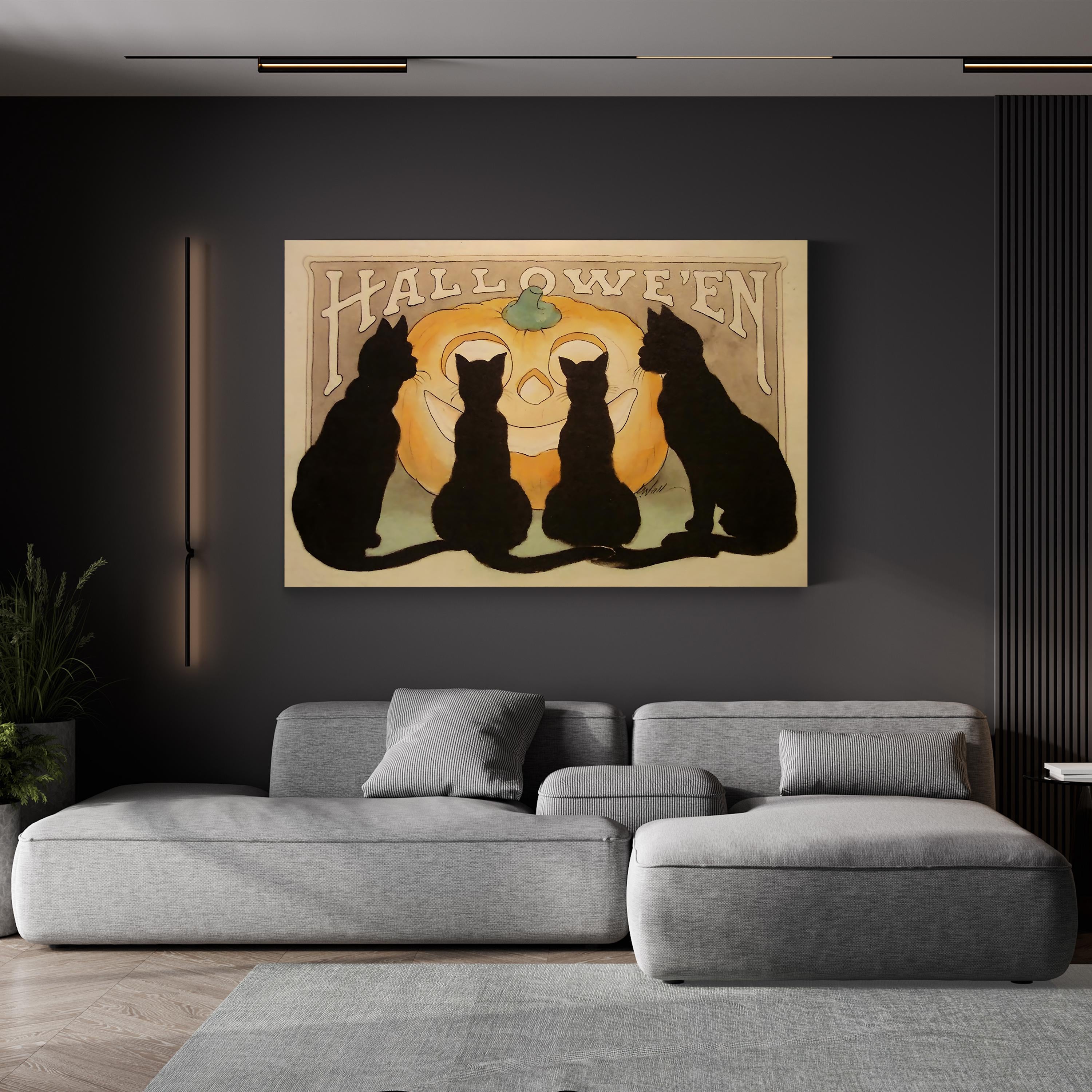 Halloween Black Cats & Jack-o-Lantern – Period Illustration Wall Art | Vintage Canvas Print