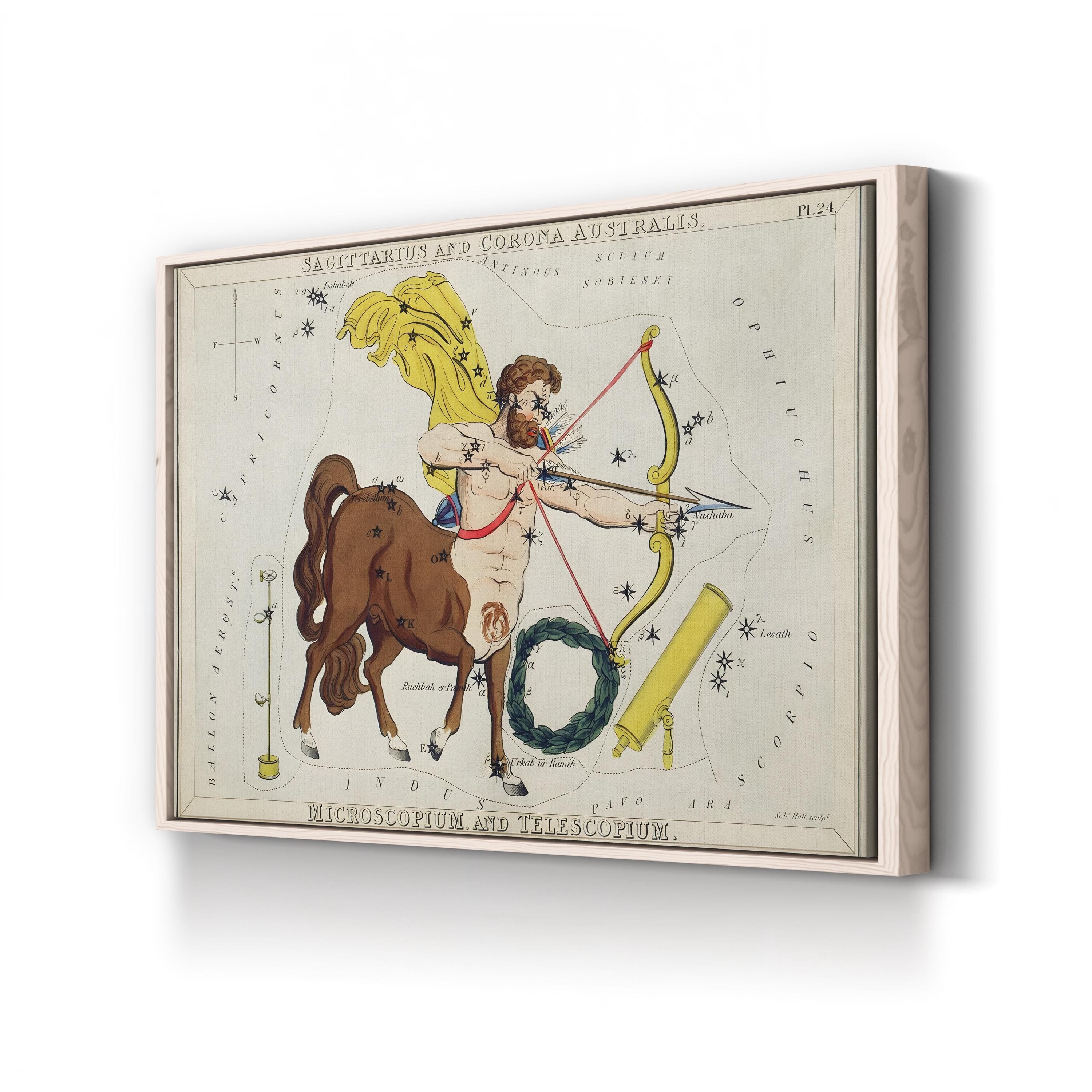 Sagittarius and Corona Australis Celestial Map, c. 1824 by Sidney Hall canvas print in Natural Frame Canvas