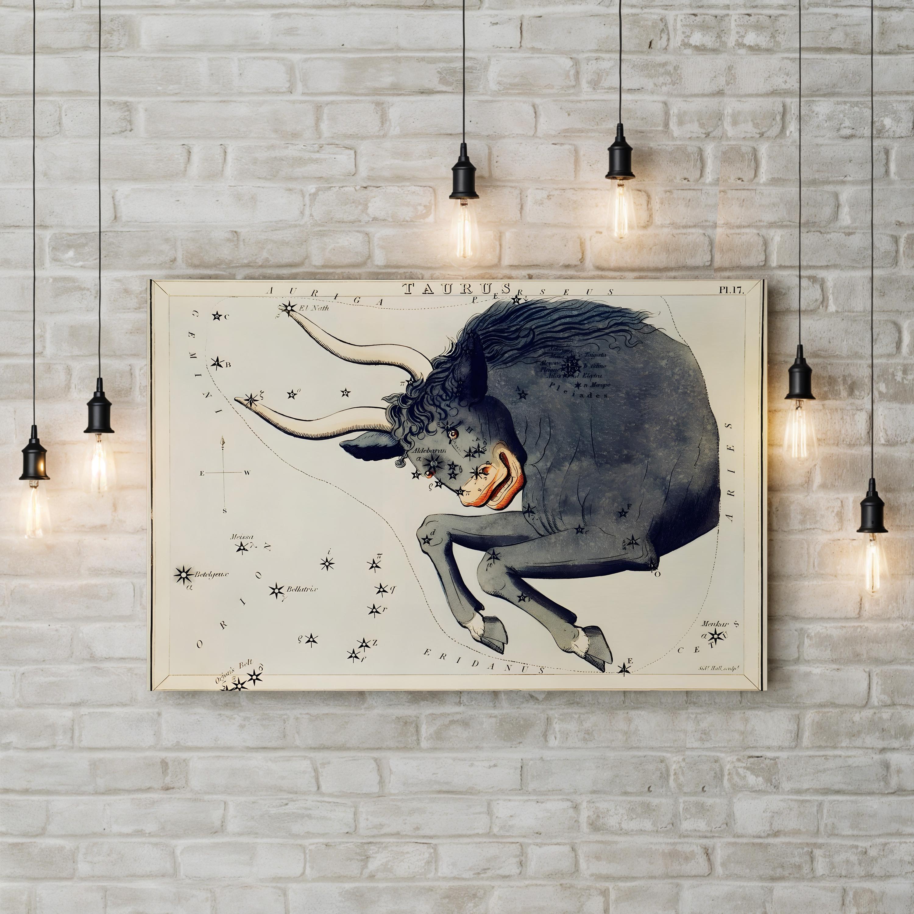 Taurus Constellation Canvas Art Print – Vintage Zodiac Star Map by Sidney Hall