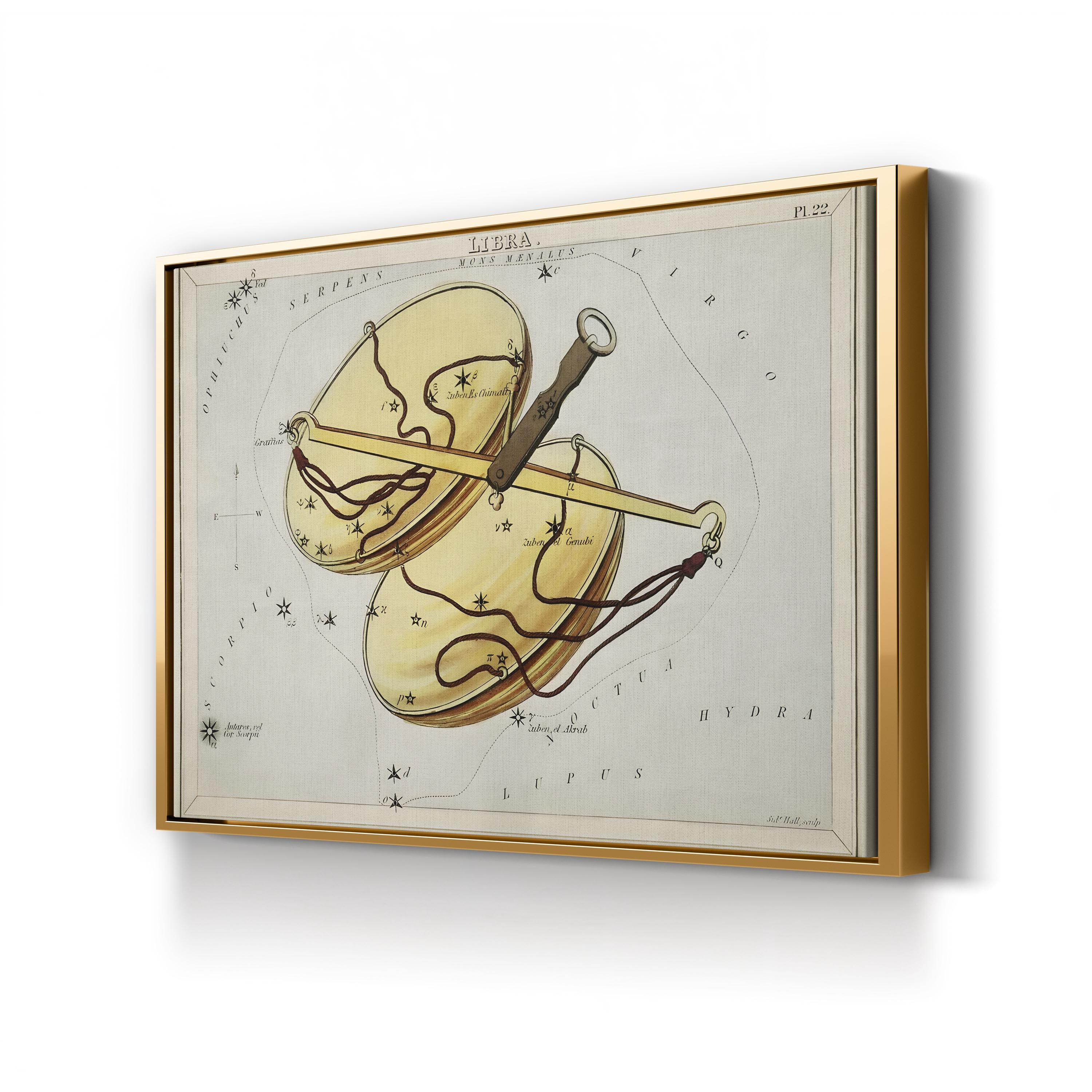 Libra Constellation Star Map by Sidney Hall canvas print in Gold frame style