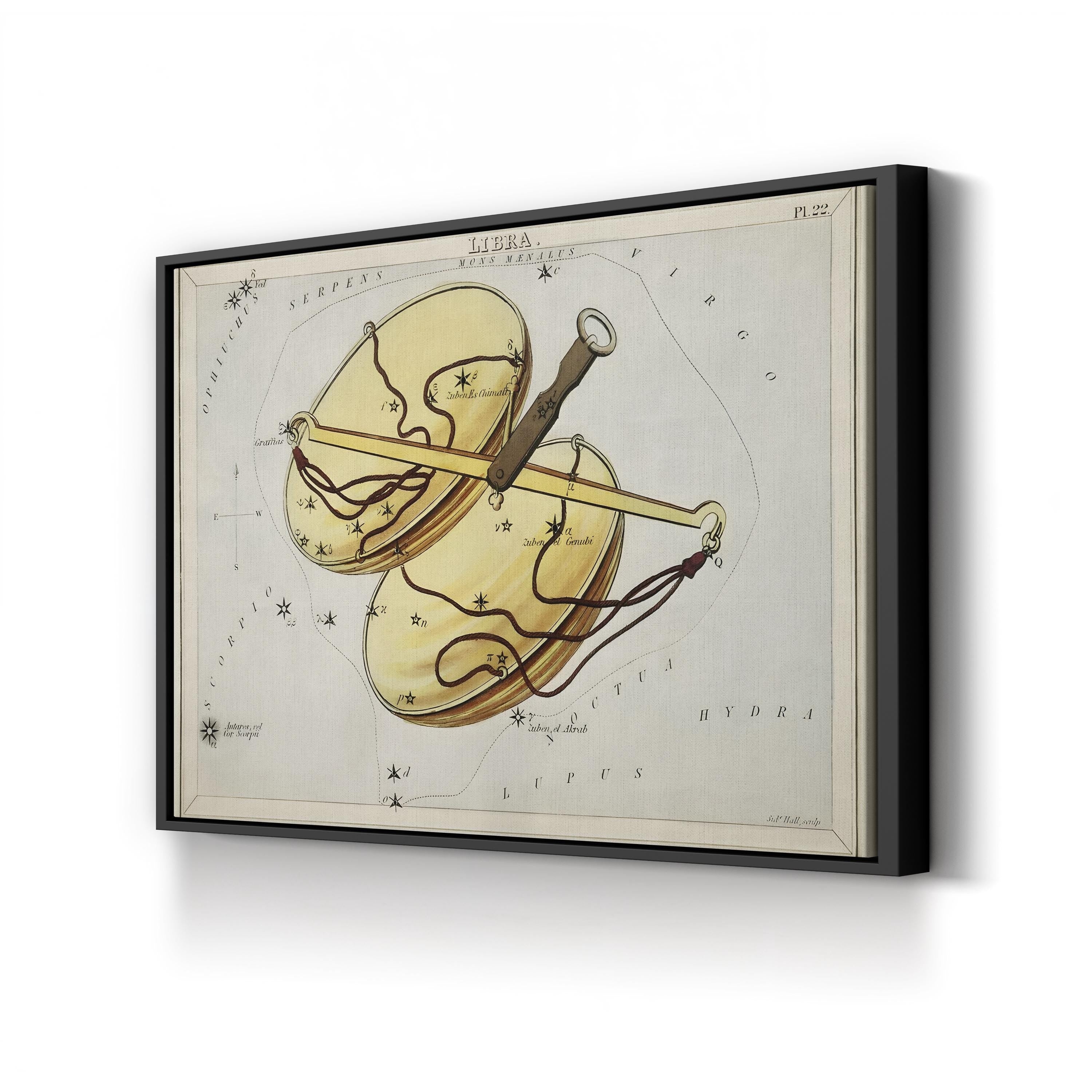 Libra Constellation Star Map by Sidney Hall canvas print in Black frame style