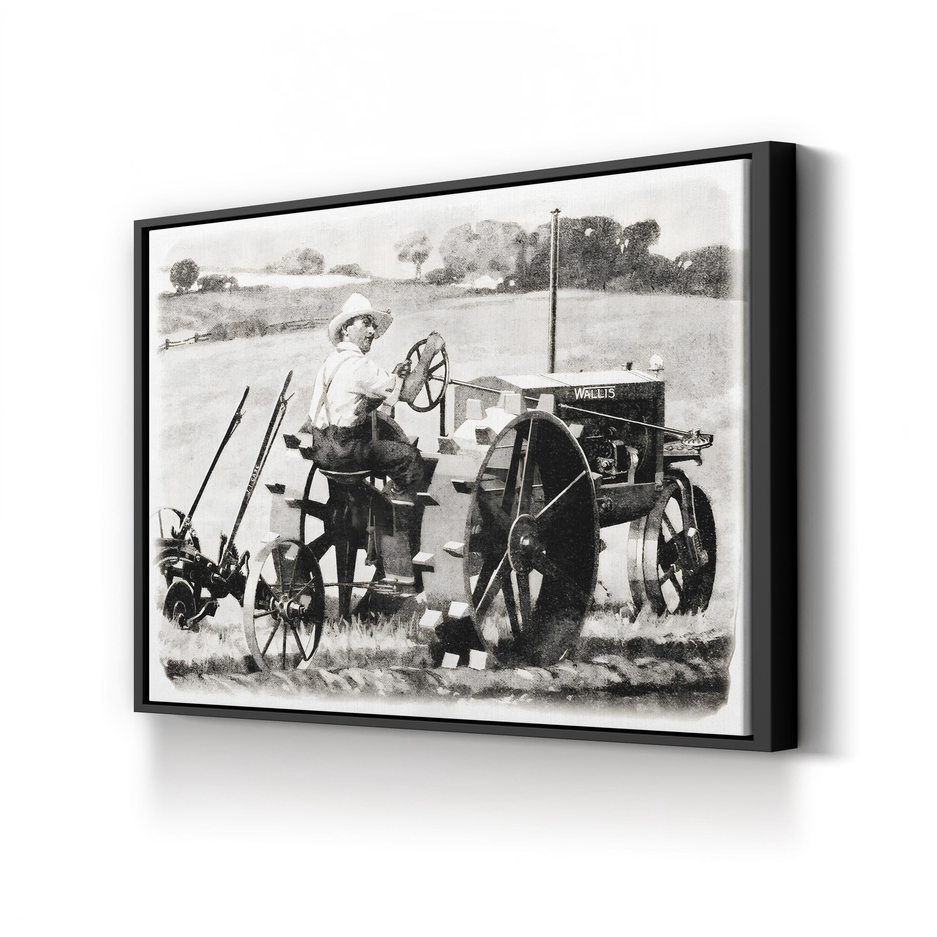Farmer on a Wallis Tractor canvas print in black frame