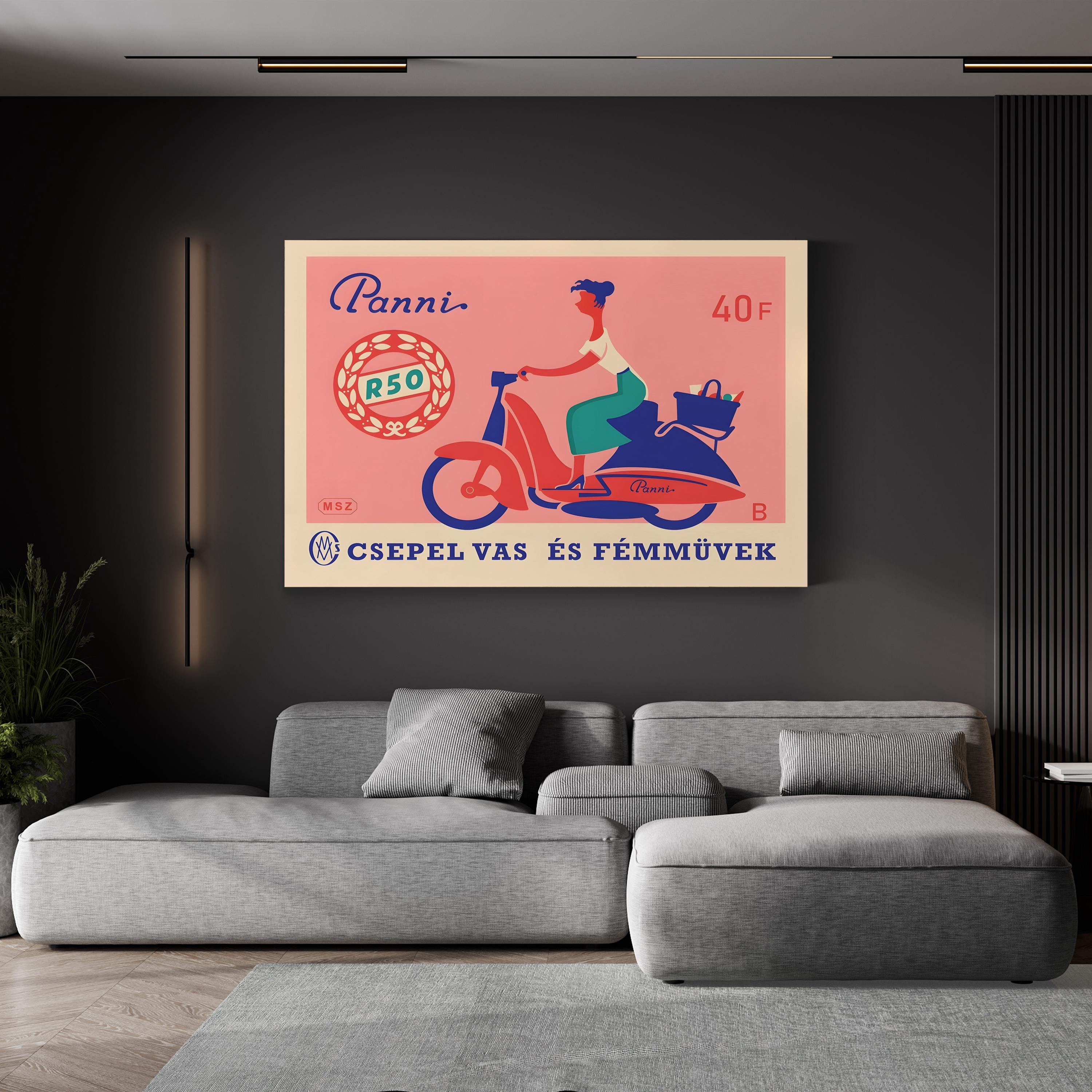 Panni Scooter Matchbox Poster – Period Illustration Wall Art | 1950s Hungarian Canvas Print