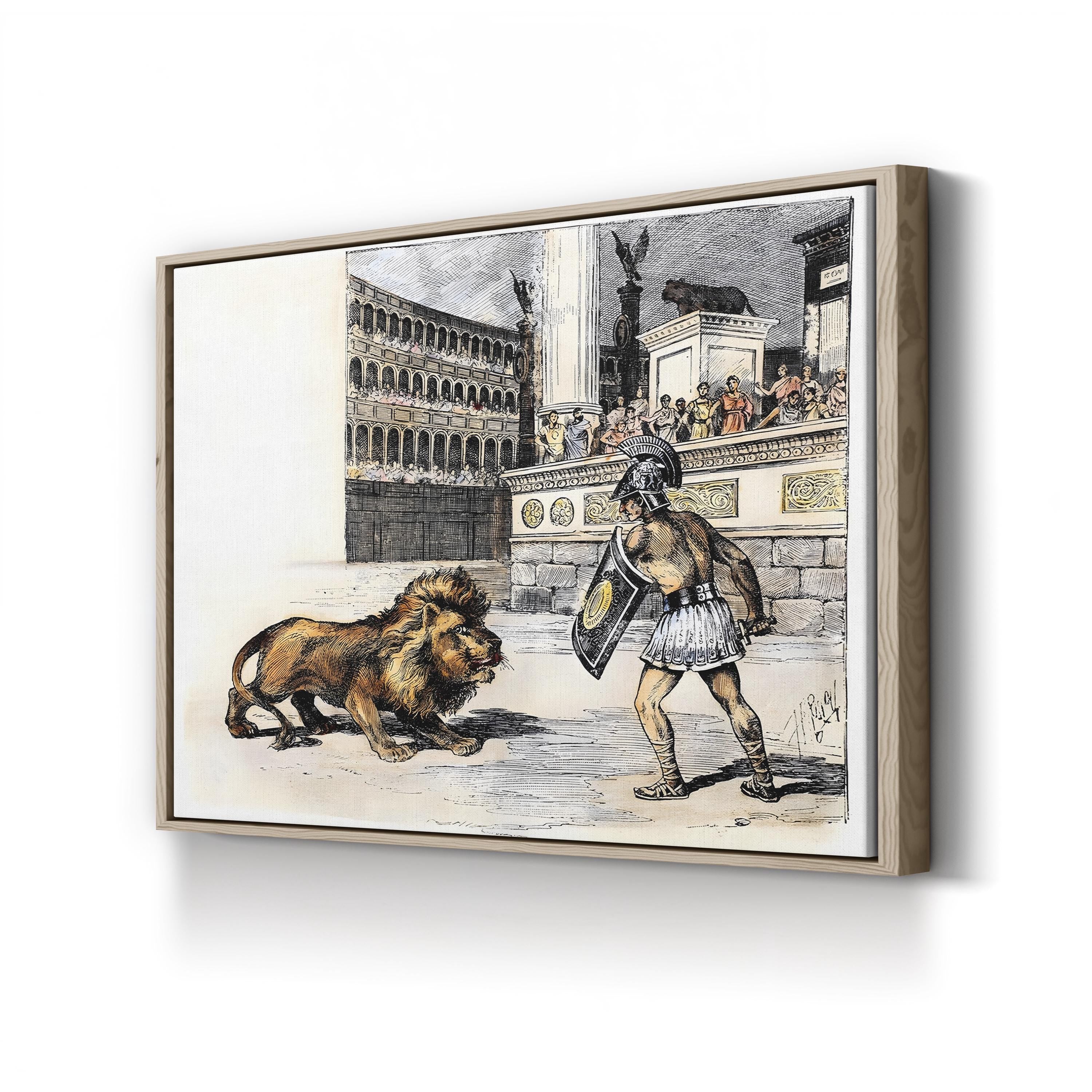 Lion and Gladiator, c. 1892 canvas print in Oak frame