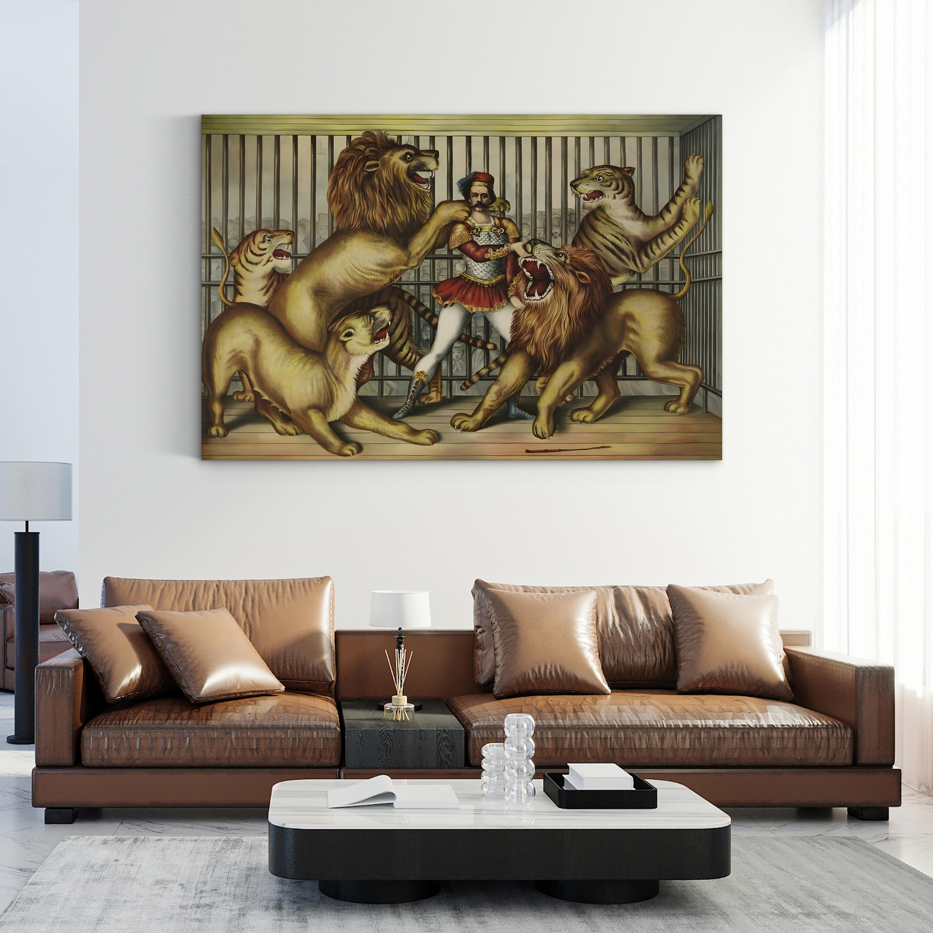 Lion Tamer in Cage with Lions and Tigers – Vintage Circus Illustration Canvas Wall Art