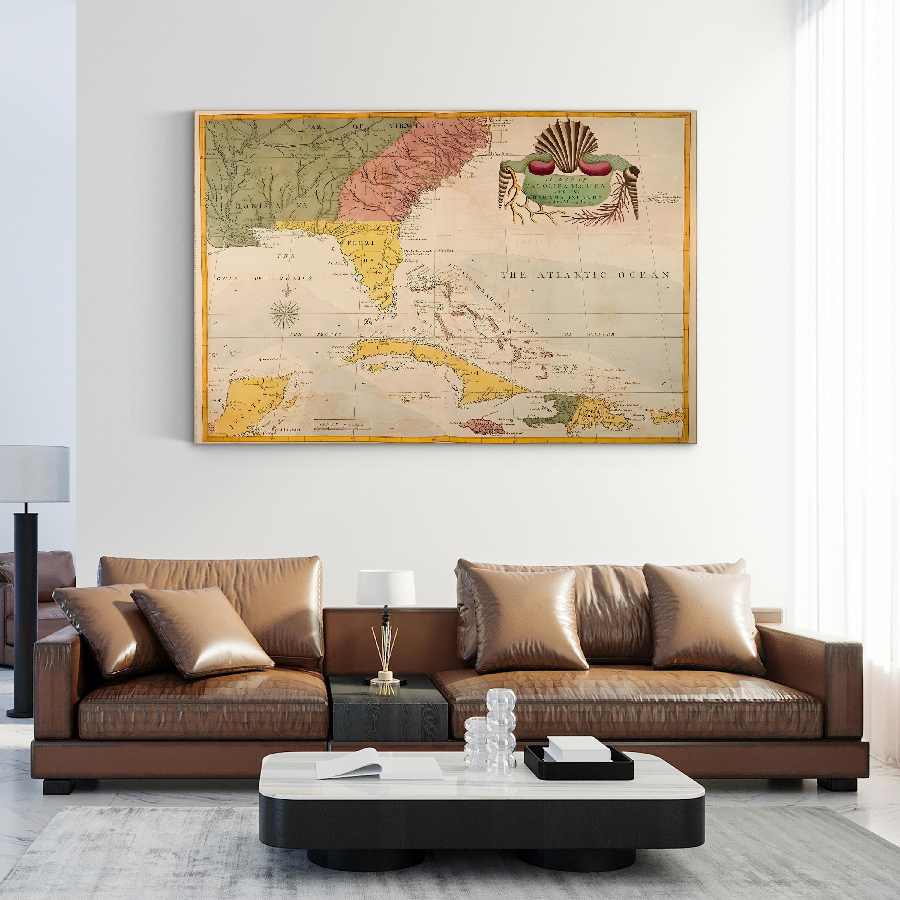 Carolina, Florida & Bahamas Map – Period Illustration Wall Art | Nautical Cartography Canvas Print