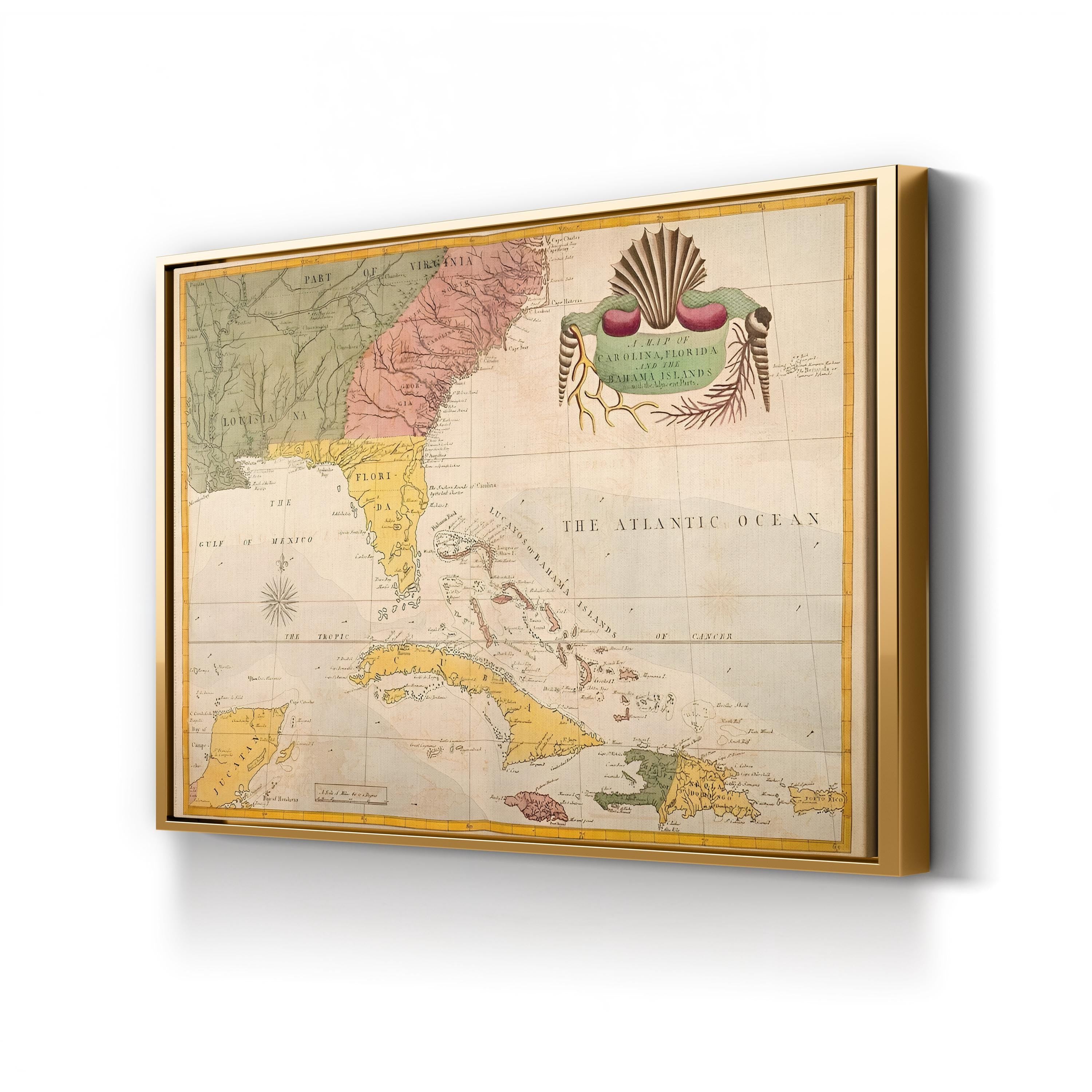 Carolina, Florida & Bahamas Map – Period Illustration Wall Art | Nautical Cartography Canvas Print