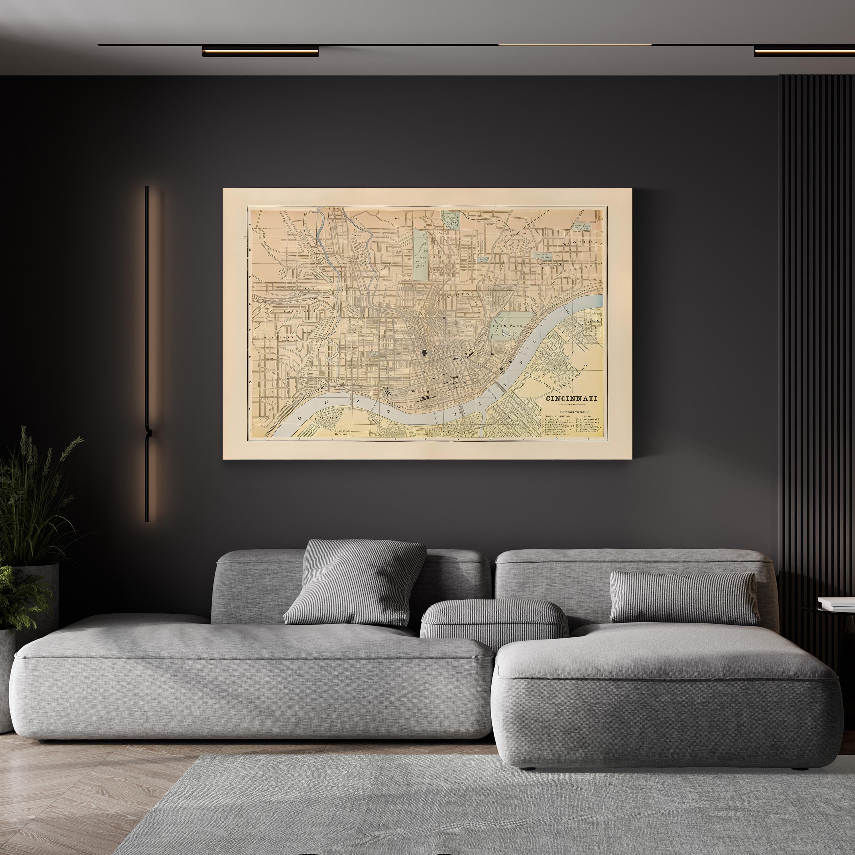 Historic City Vintage Cincinnati, Ohio Map Print Canvas Art