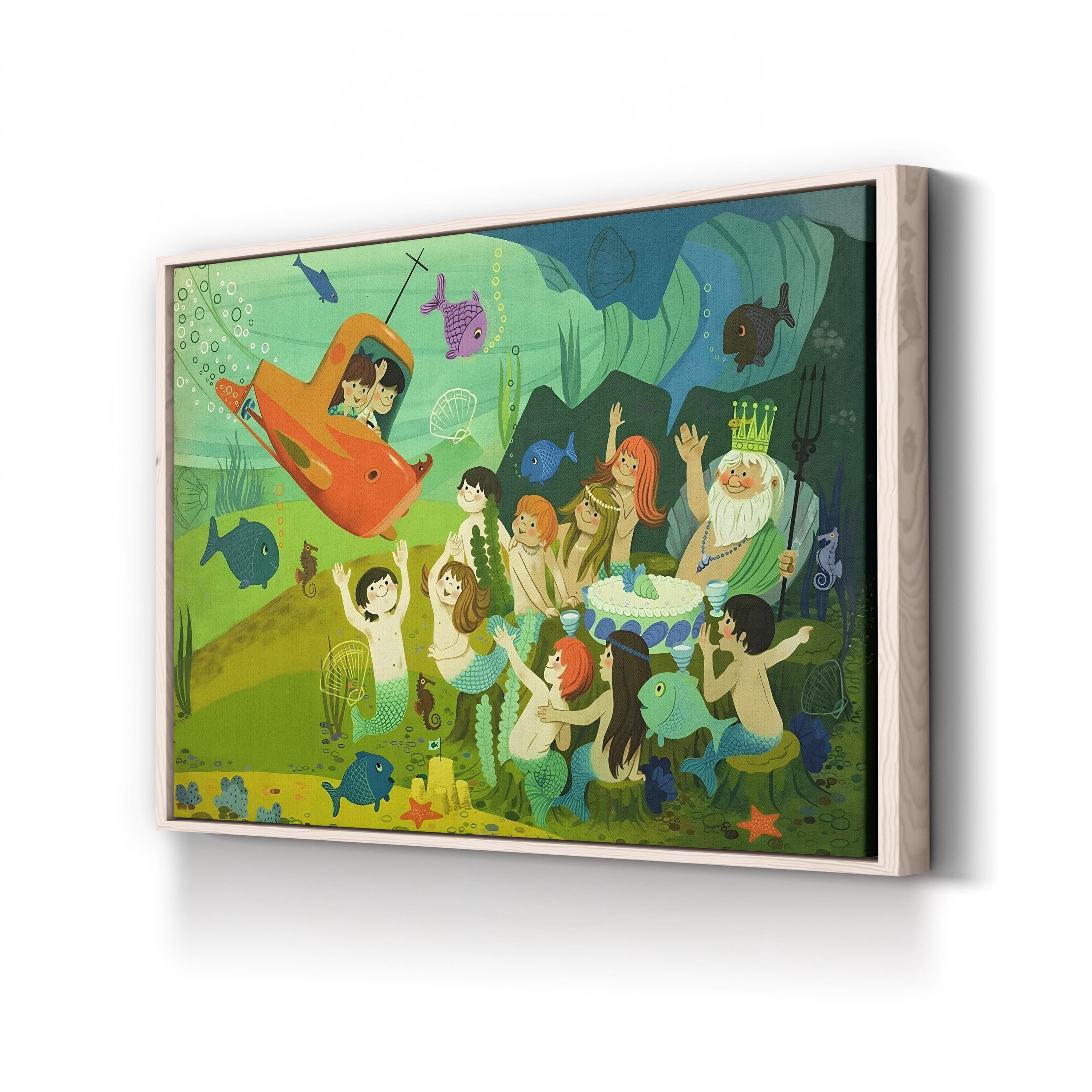 Submarine & Mermaids Fairy Tale – Period Illustration Wall Art | Whimsical Nursery Canvas Print